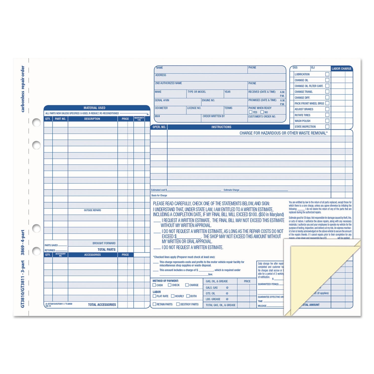 TOPS Auto Repair Four-Part Carbonless, Four-Part Carbonless, 8.5 x 11, 50 Forms