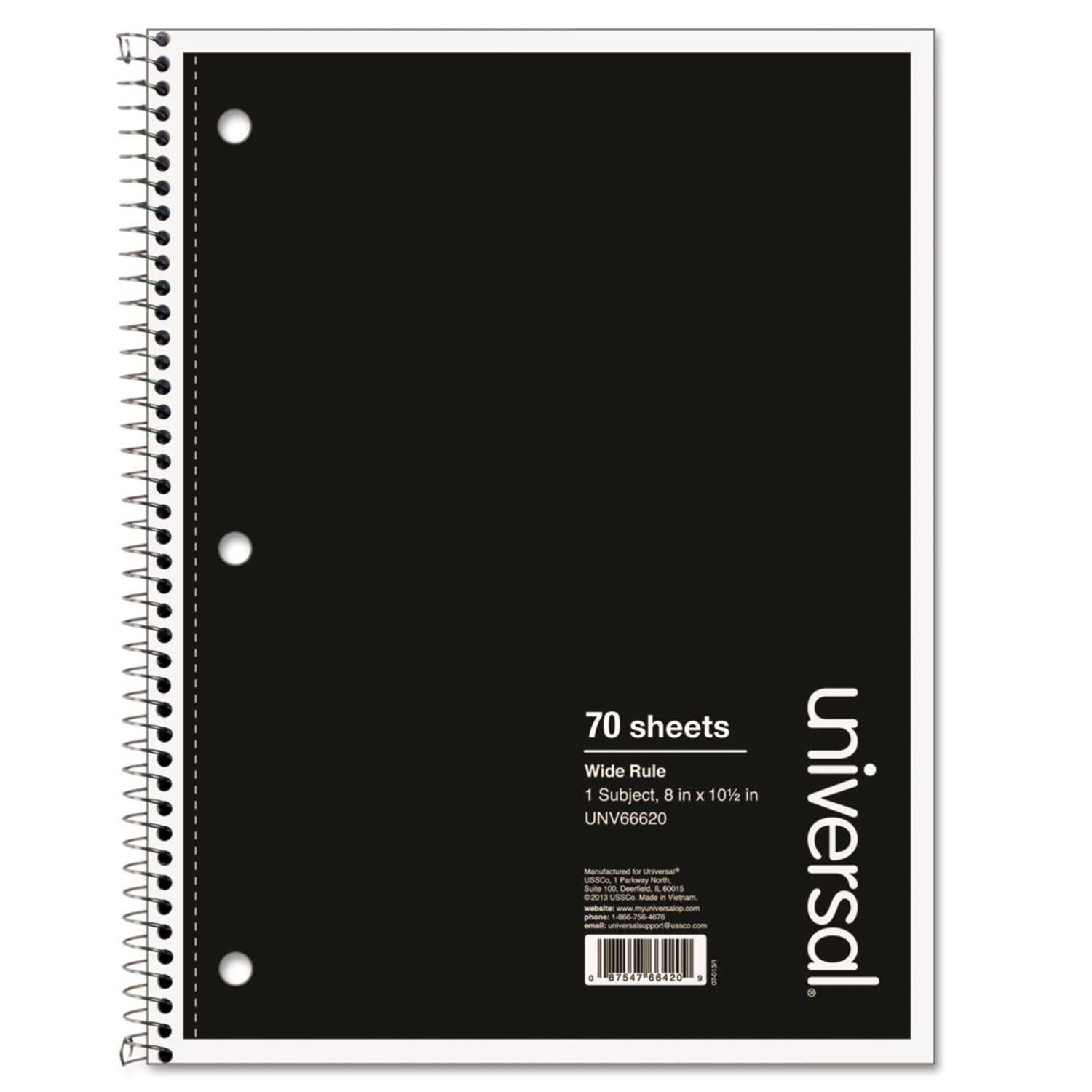 Universal Wirebound Notebook, 1 Subject, Wide/Legal Rule, Black Cover, 10.5 x 8, 70 Sheets