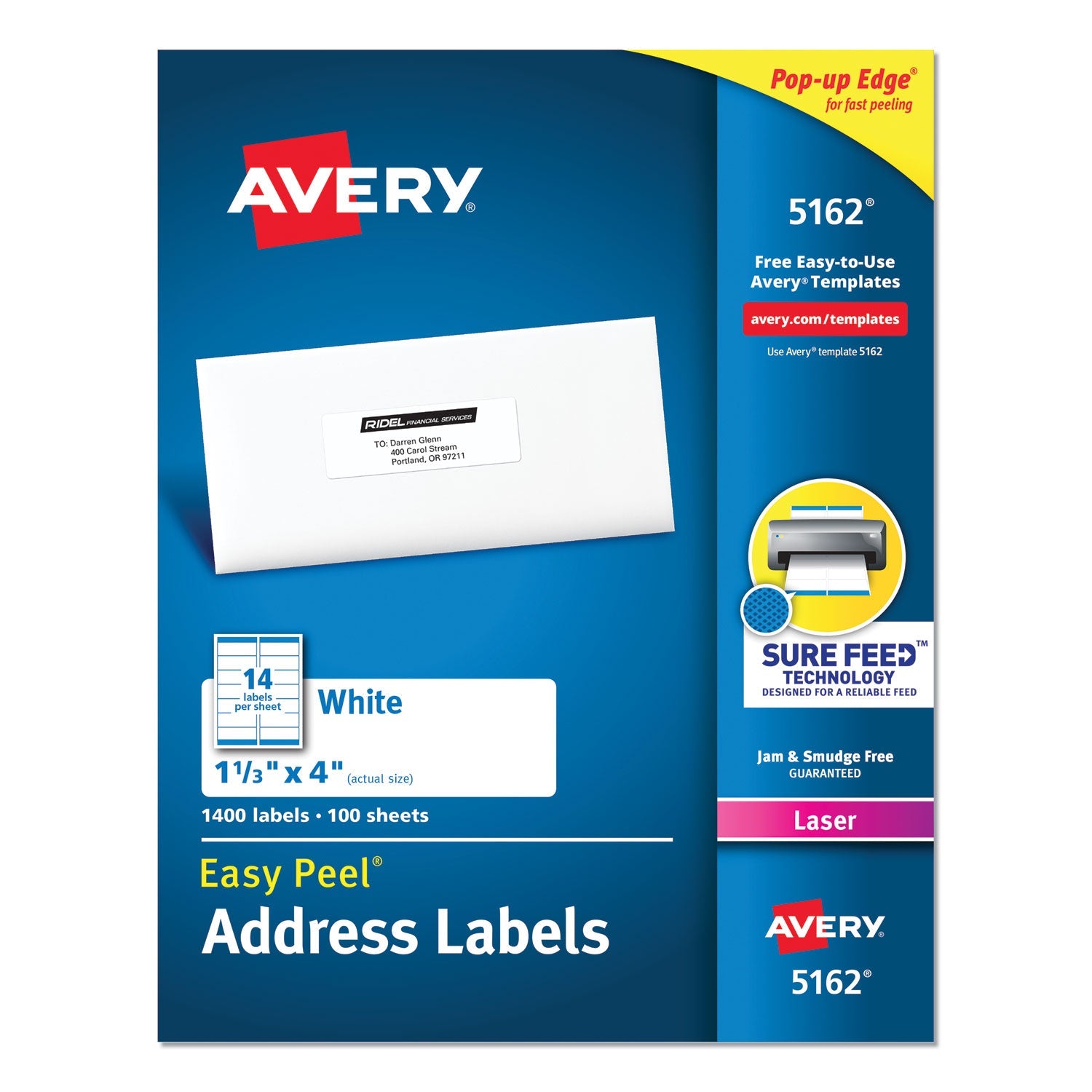 Avery Easy Peel White Address Labels w/ Sure Feed Technology, Laser Printers, 1.33 x 4, White, 14/Sheet, 100 Sheets/Box