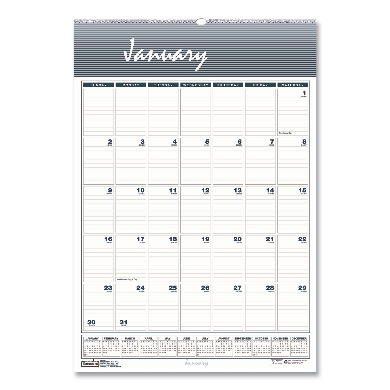 House of Doolittle Bar Harbor Recycled Wirebound Monthly Wall Calendar, 12 x 17, White/Blue/Gray Sheets, 12-Month (Jan-Dec): 2023