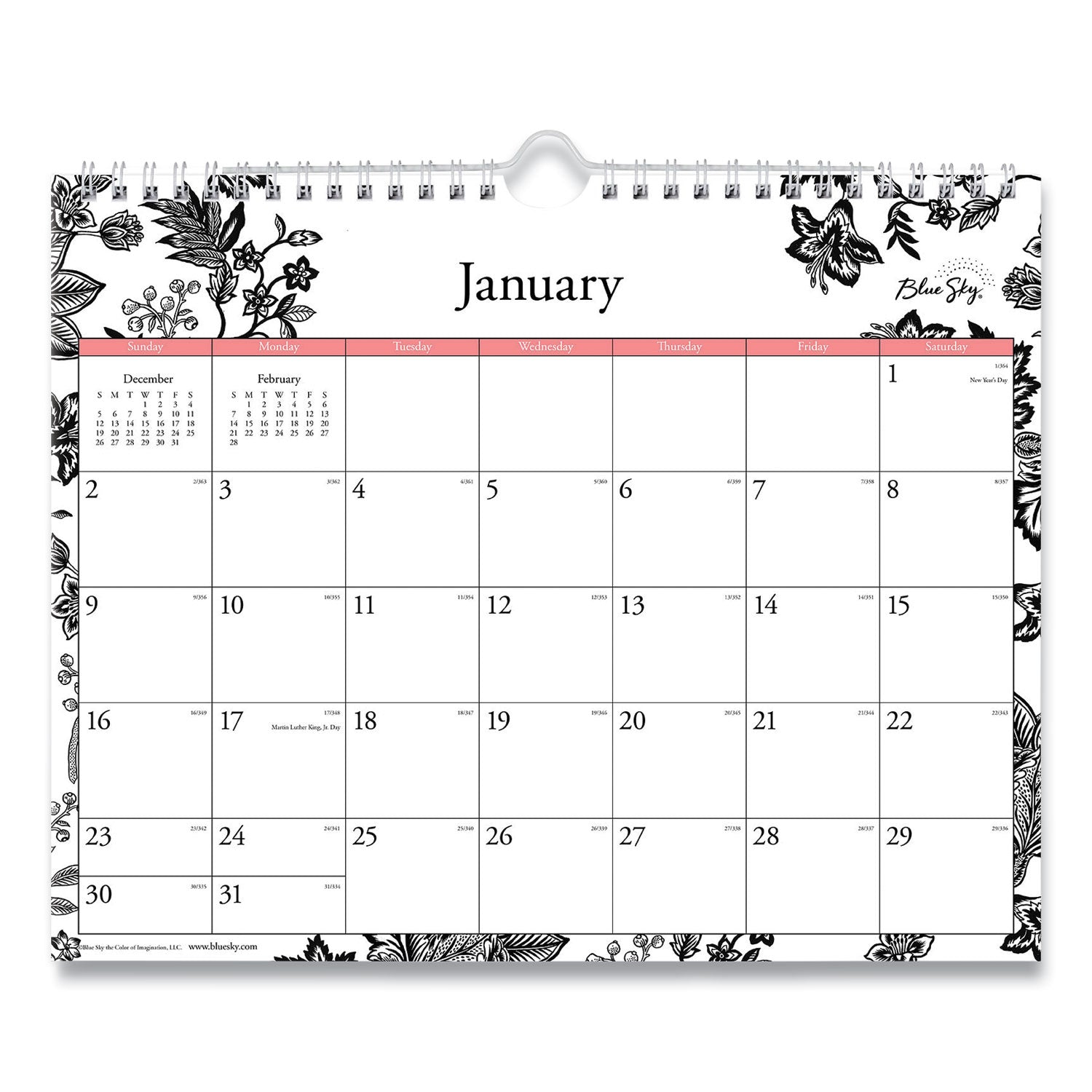 Blue Sky Analeis Wall Calendar, Analeis Floral Artwork, 11 x 8.75, White/Black/Coral Sheets, 12-Month (Jan to Dec): 2023