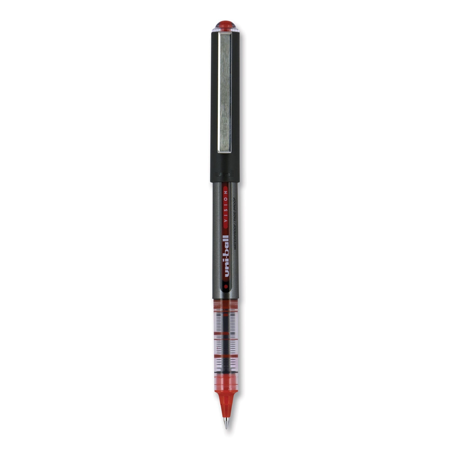 uniball VISION Roller Ball Pen, Stick, Micro 0.5 mm, Red Ink, Gray/Red Barrel, Dozen