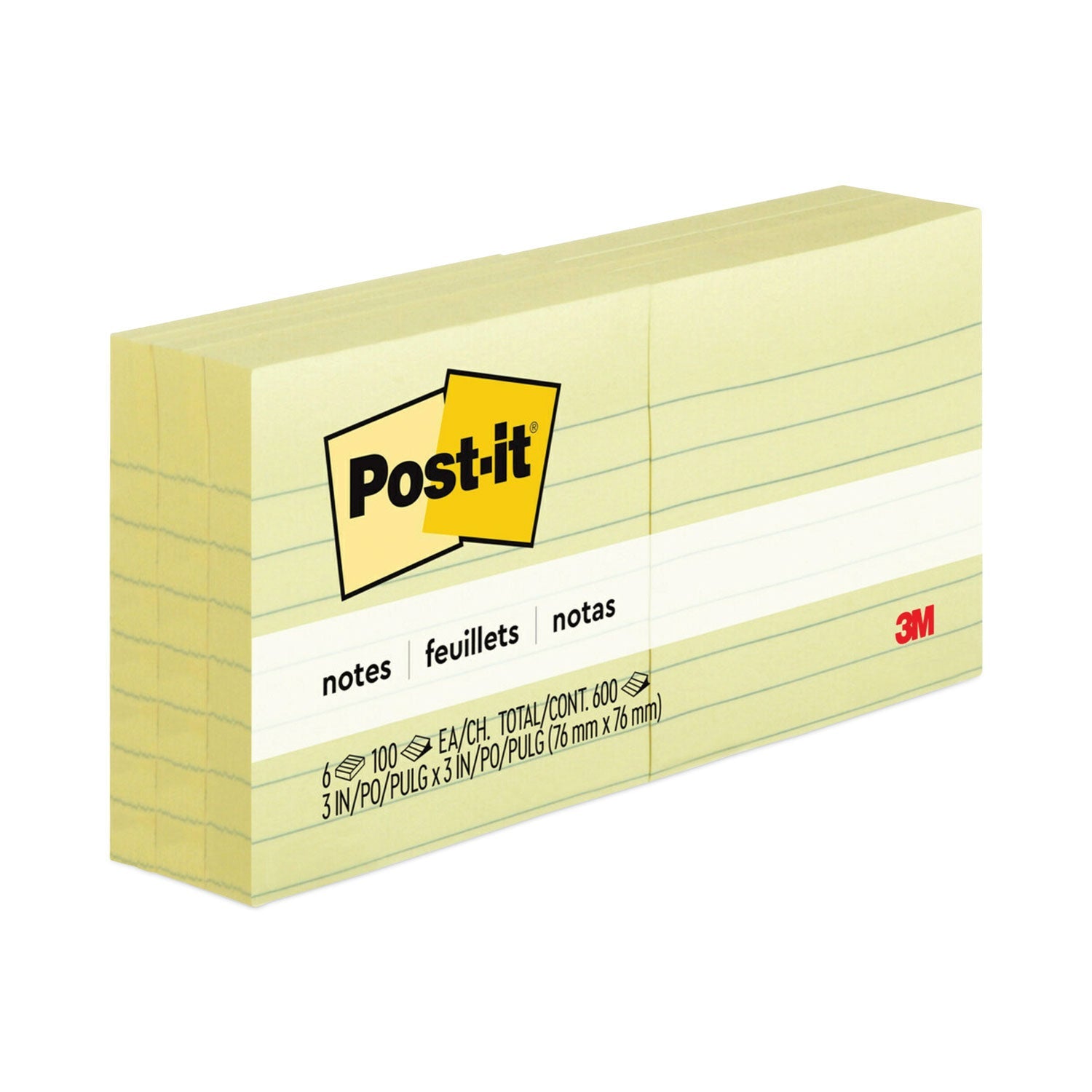 Post-it Original Pads in Canary Yellow, Note Ruled, 3" x 3", 100 Sheets/Pad, 6 Pads/Pack