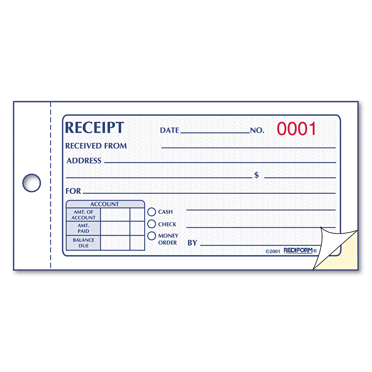 Rediform Small Money Receipt Book, Two-Part Carbonless, 5 x 2.75, 1/Page, 50 Forms