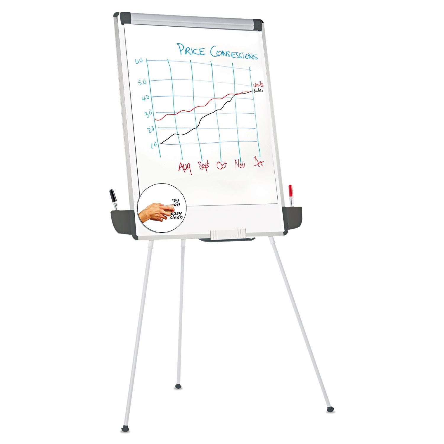 Universal Dry Erase Board with Tripod Easel and Adjustable Pen Cups, 29" x 41", White Surface, Silver Frame