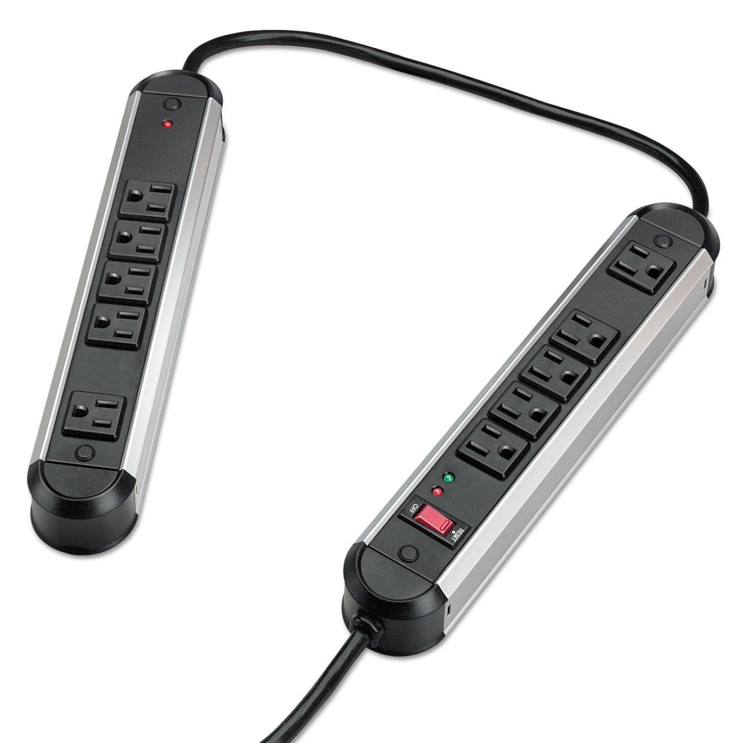 Fellowes Split Metal Surge Protector, 10 AC Outlets, 6 ft Cord, 1,250 J, Black/Silver