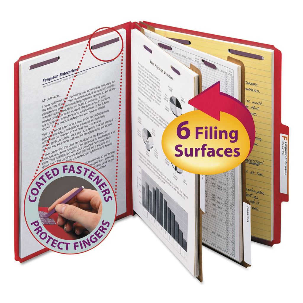 Smead Six-Section Pressboard Top Tab Classification Folders with SafeSHIELD Fasteners, 2 Dividers, Letter Size, Bright Red, 10/Box