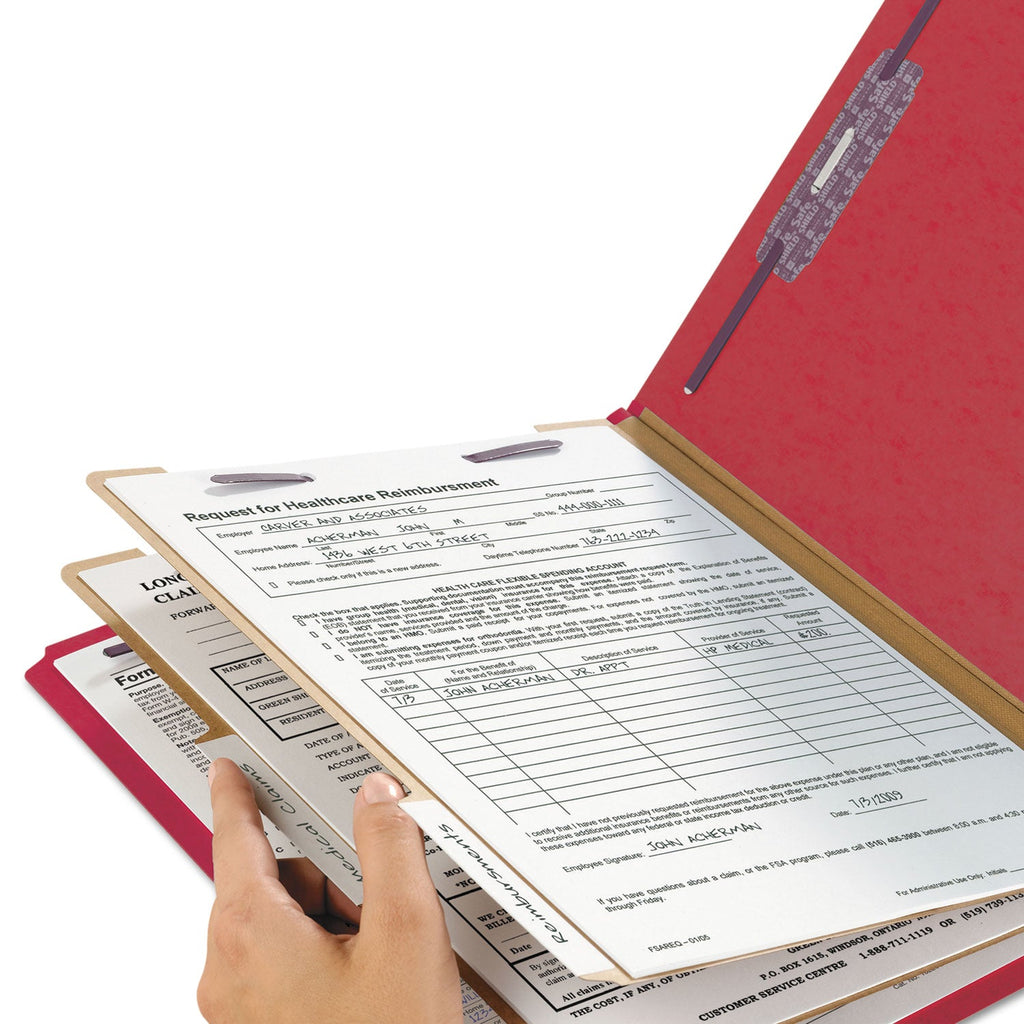 Smead Six-Section Pressboard Top Tab Classification Folders with SafeSHIELD Fasteners, 2 Dividers, Letter Size, Bright Red, 10/Box