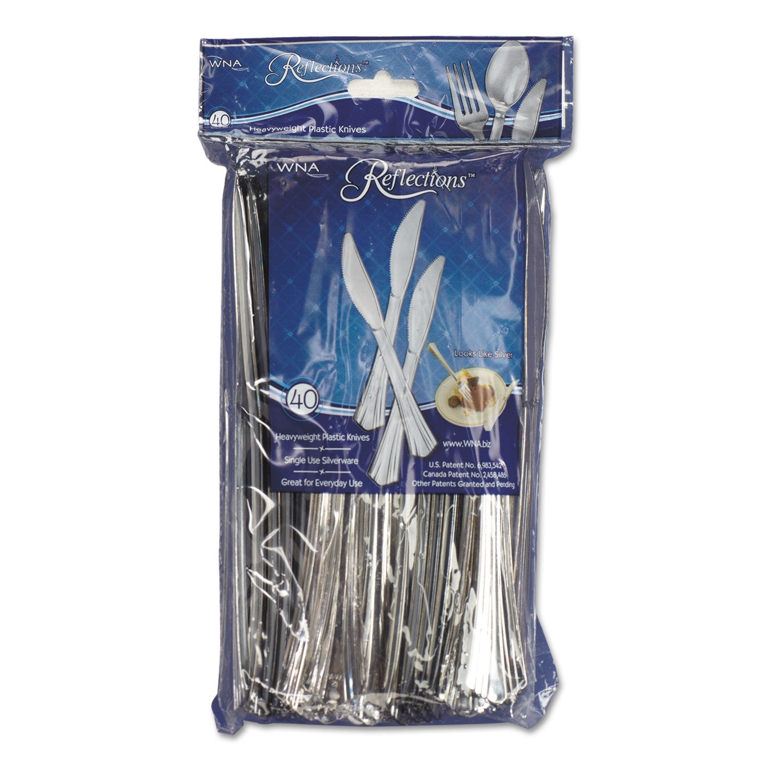 WNA Reflections Heavyweight Plastic Utensils, Knife, Silver, 7 1/2", 40/Pack