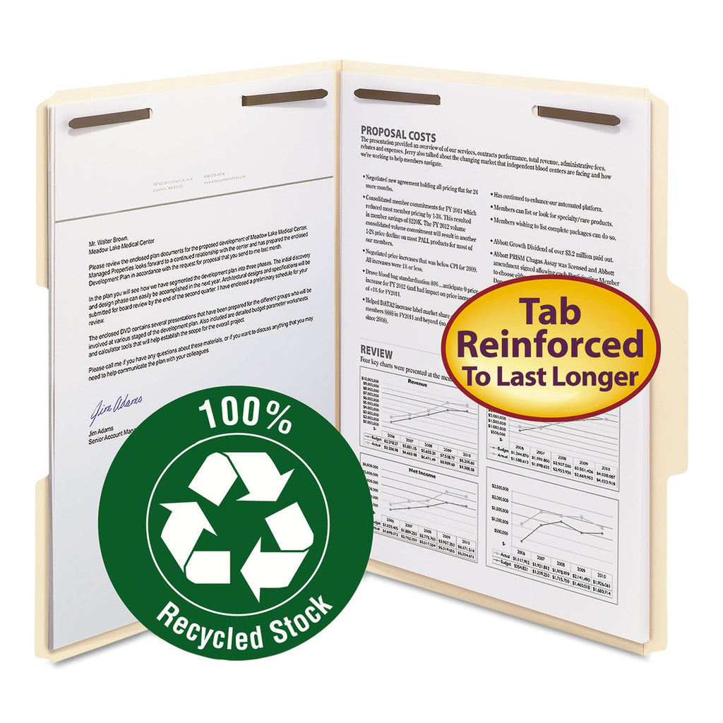 Smead Top Tab Fastener Folders, 1/3-Cut Tabs: Assorted, 2 Fasteners, Letter Size, 11-pt Manila Exterior, 50/Box