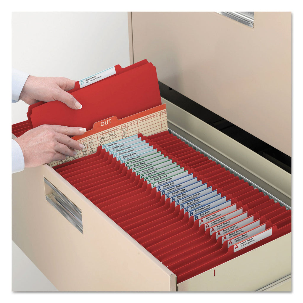 Smead Four-Section Pressboard Top Tab Classification Folders with SafeSHIELD Fasteners, 1 Divider, Legal Size, Bright Red, 10/Box
