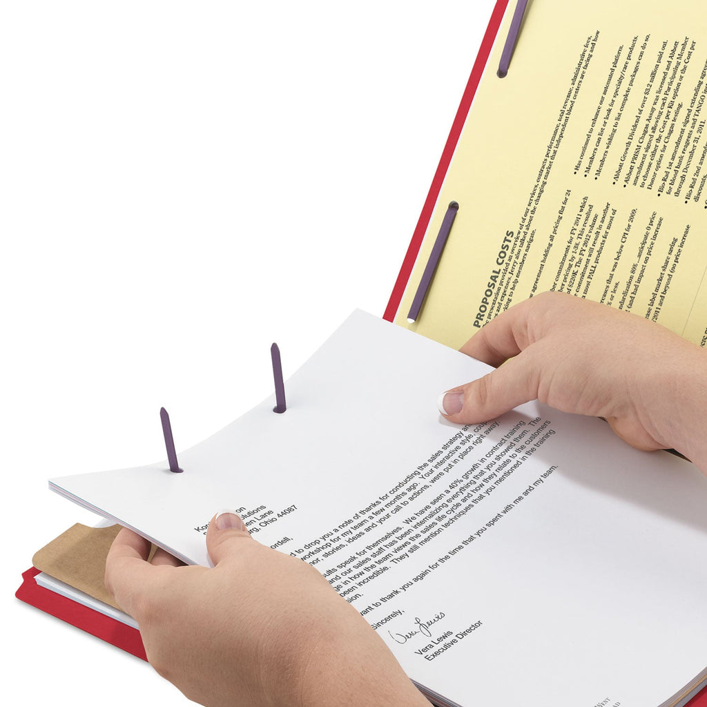 Smead Four-Section Pressboard Top Tab Classification Folders with SafeSHIELD Fasteners, 1 Divider, Legal Size, Bright Red, 10/Box