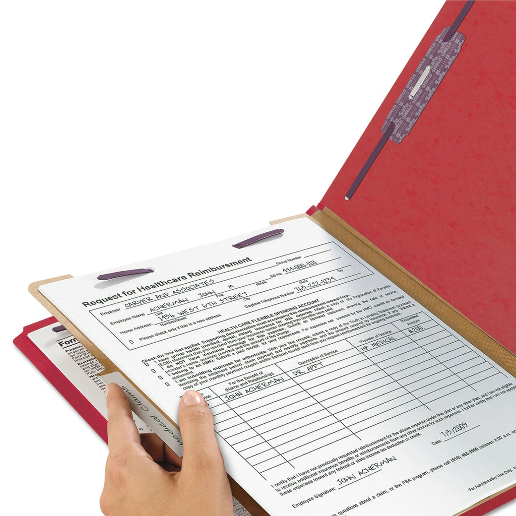 Smead Four-Section Pressboard Top Tab Classification Folders with SafeSHIELD Fasteners, 1 Divider, Legal Size, Bright Red, 10/Box