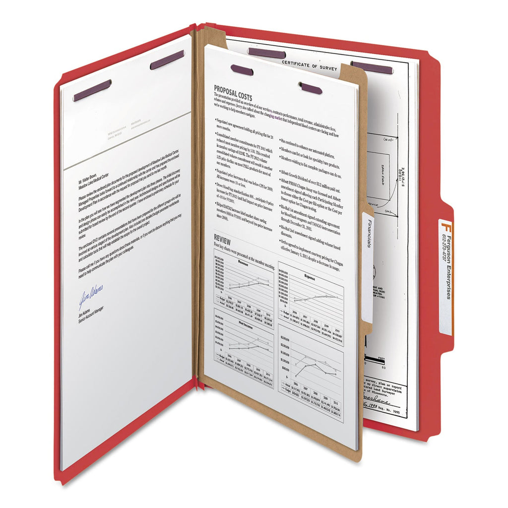 Smead Four-Section Pressboard Top Tab Classification Folders with SafeSHIELD Fasteners, 1 Divider, Legal Size, Bright Red, 10/Box