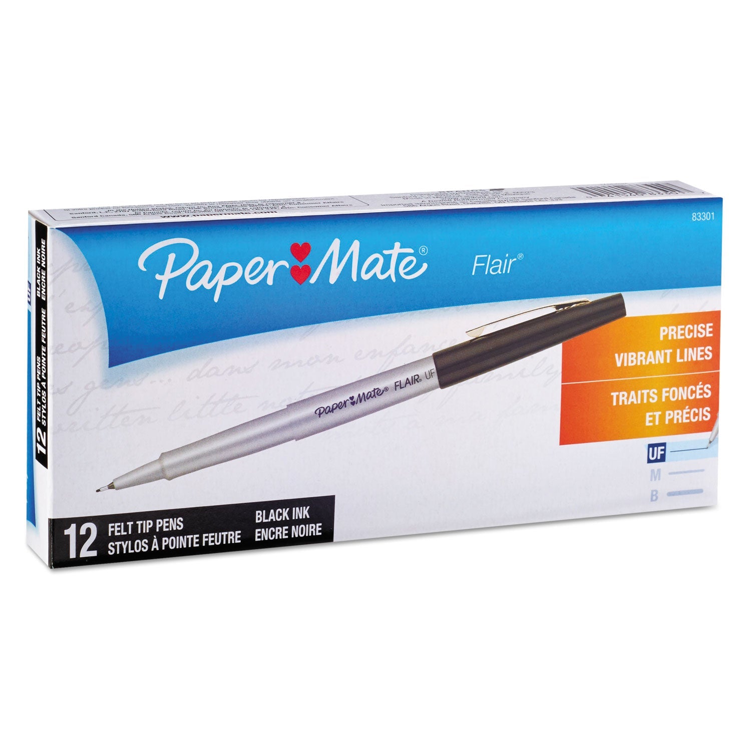 Paper Mate Flair Felt Tip Porous Point Pen, Stick, Extra-Fine 0.4 mm, Black Ink, Black Barrel, Dozen