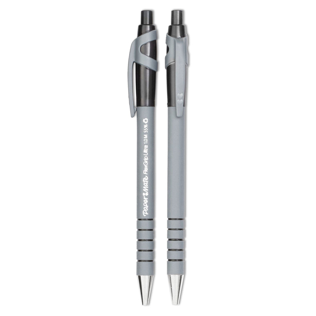Paper Mate FlexGrip Ultra Ballpoint Pen, Retractable, Fine 0.8 mm, Black Ink, Gray/Black Barrel, Dozen