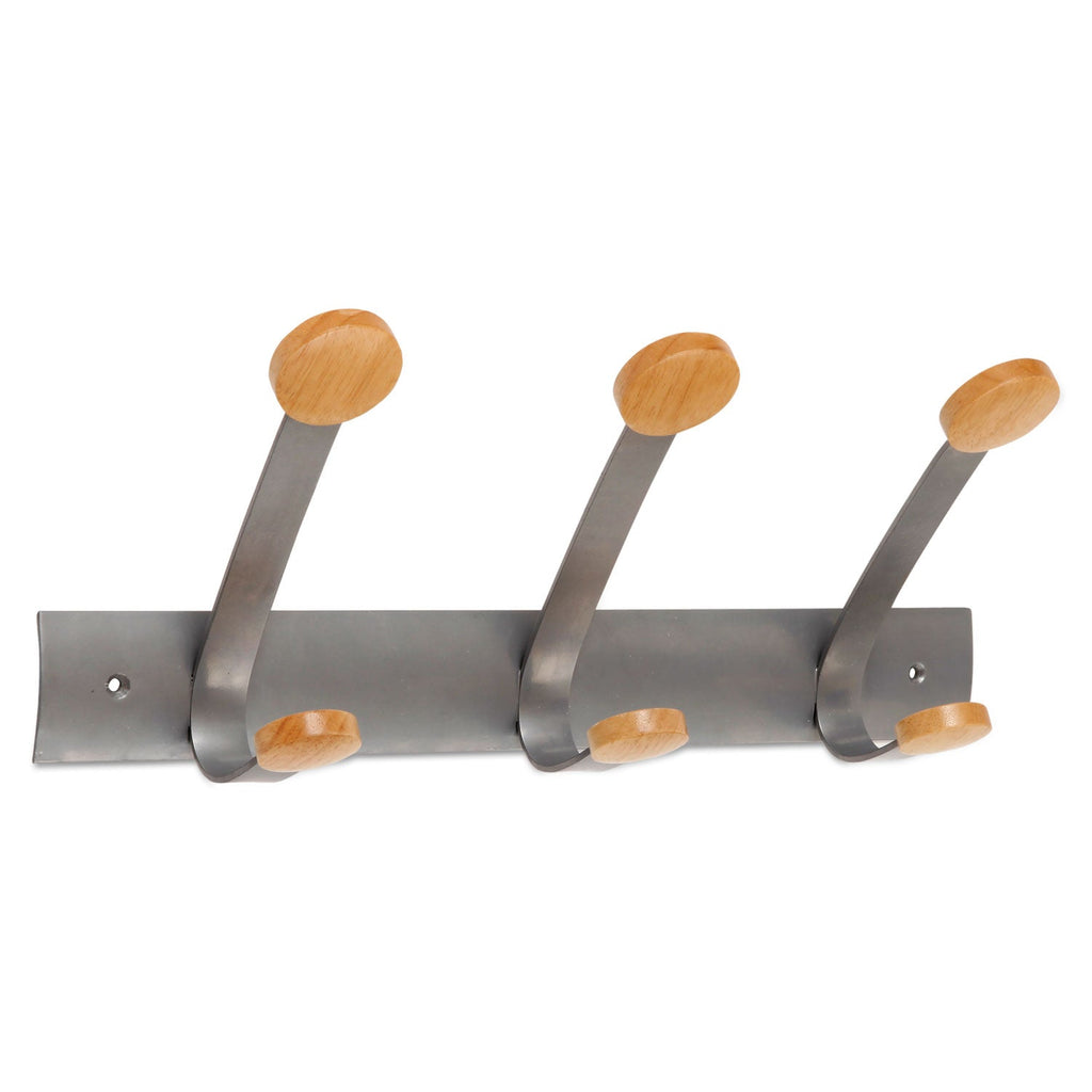 Alba Wooden Coat Hook, Three Wood Peg Wall Rack, Brown/Silver