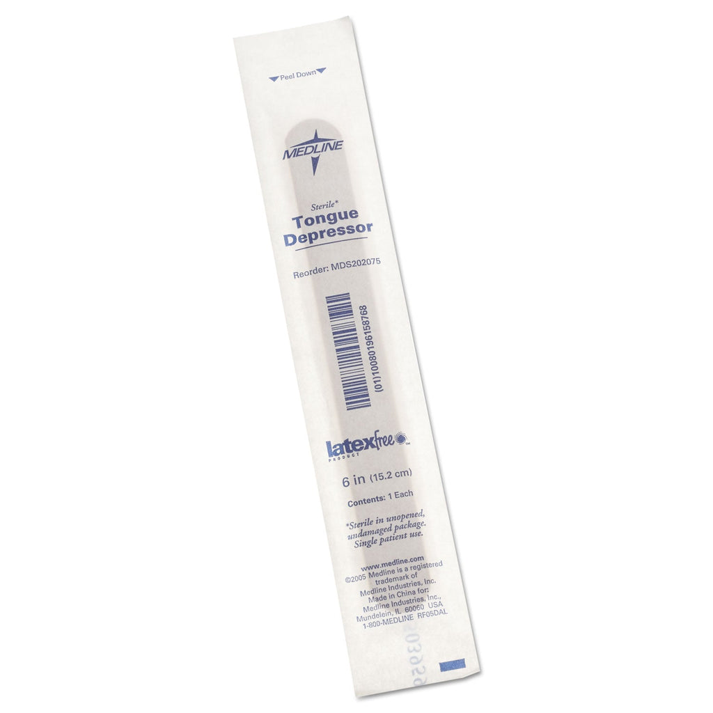 Medline Sterile Tongue Depressors, Wood, 6" Long, 100/Box