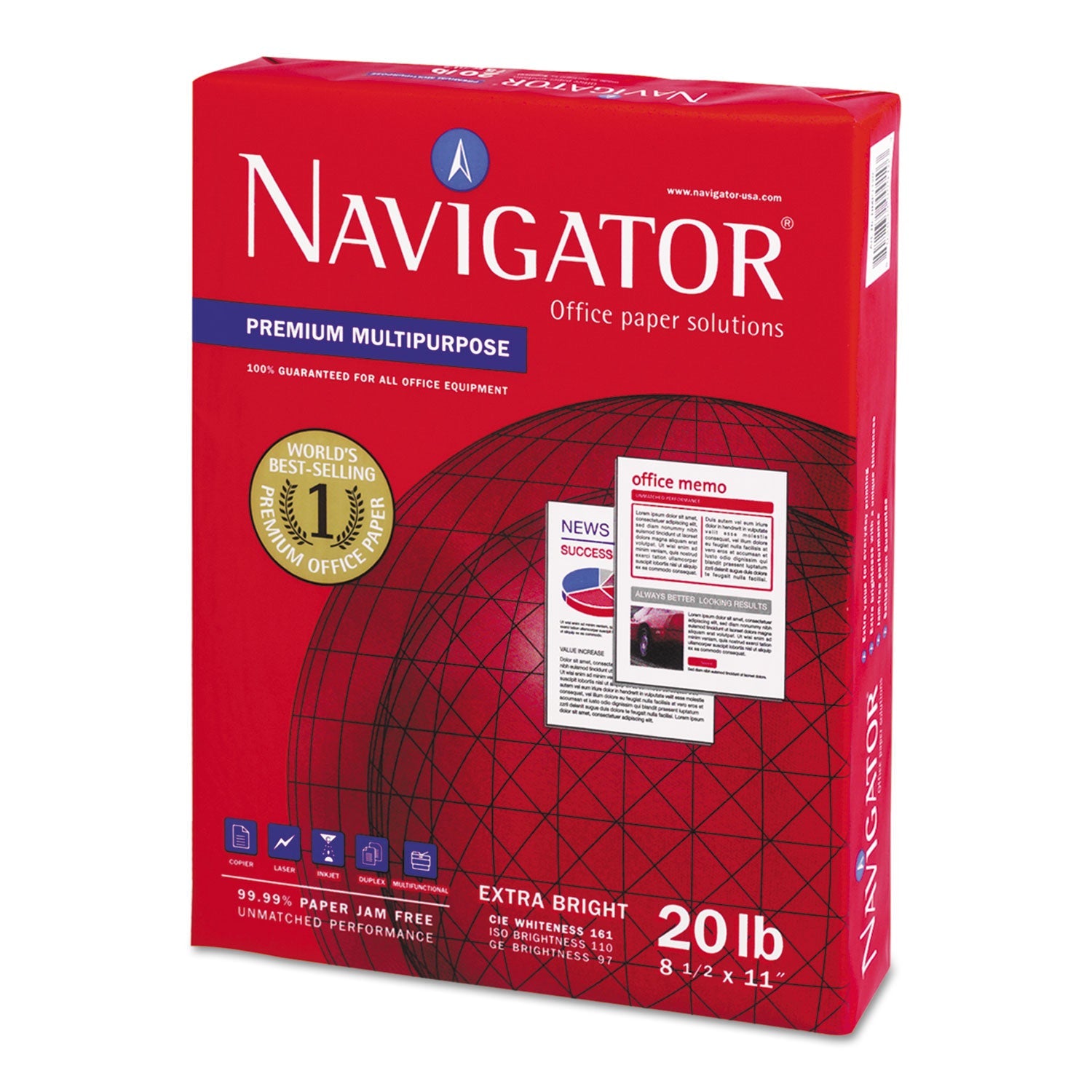 Navigator Premium Multipurpose Copy Paper, 97 Bright, 20lb Bond Weight, 8.5 x 11, White, 500/Ream, 10 Reams/Carton, 40 Cartons/Pallet