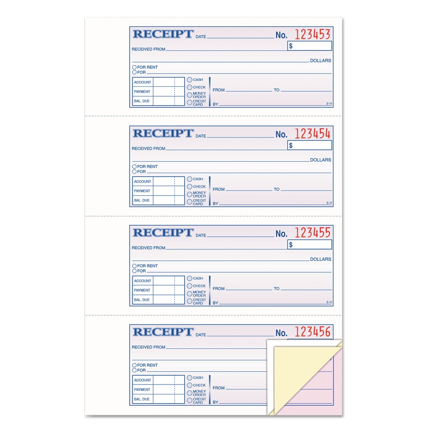 TOPS Money/Rent Receipt Books, Three-Part Carbonless, 2.75 x 7.13, 4/Page, 100 Forms