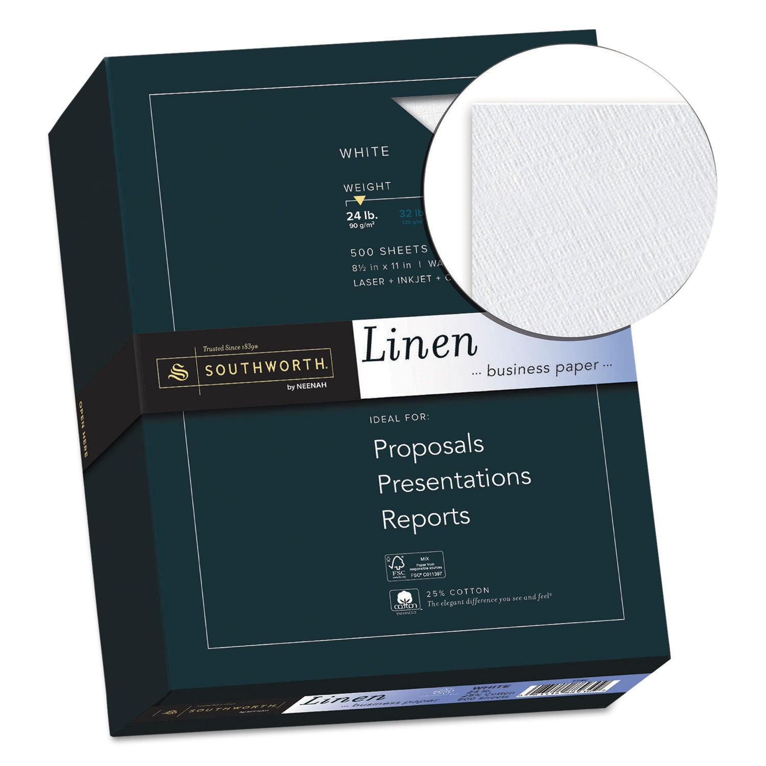 Southworth 25% Cotton Linen Business Paper, 91 Bright, 24 lb Bond Weight, 8.5 x 11, White, 500/Ream