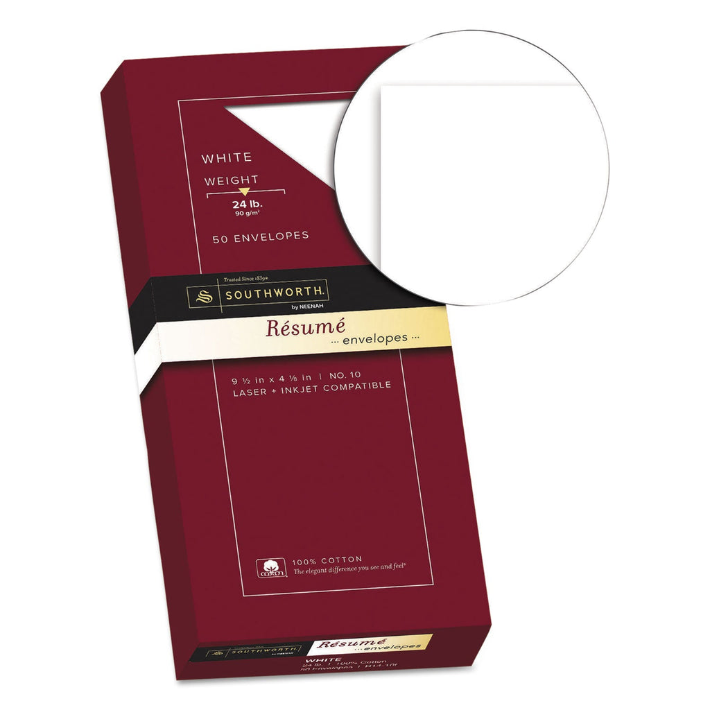Southworth 100% Cotton Resume Envelope, #10, Commercial Flap, Gummed Closure, 4.13 x 9.5, White, 50/Box