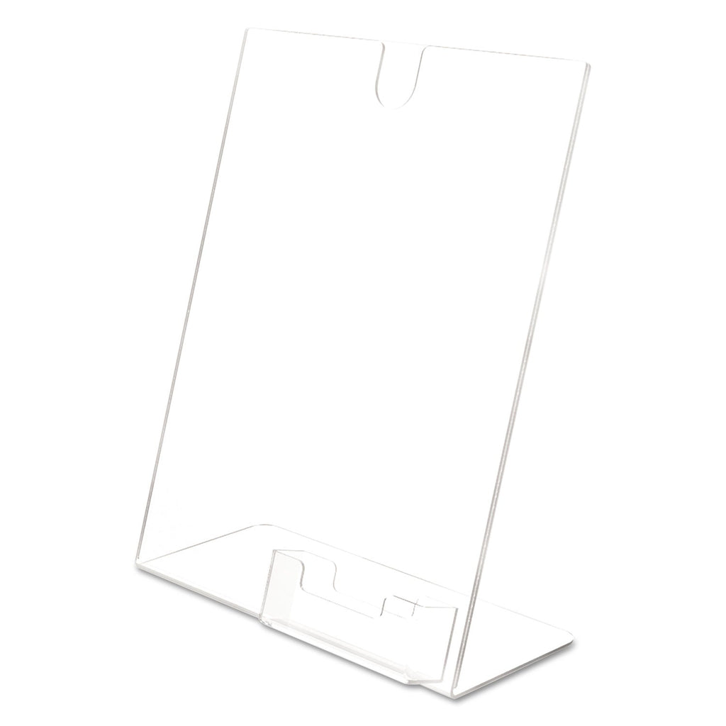 deflecto Superior Image Slanted Sign Holder with Business Card Holder, 8.5w x 4.5d x 11h, Clear