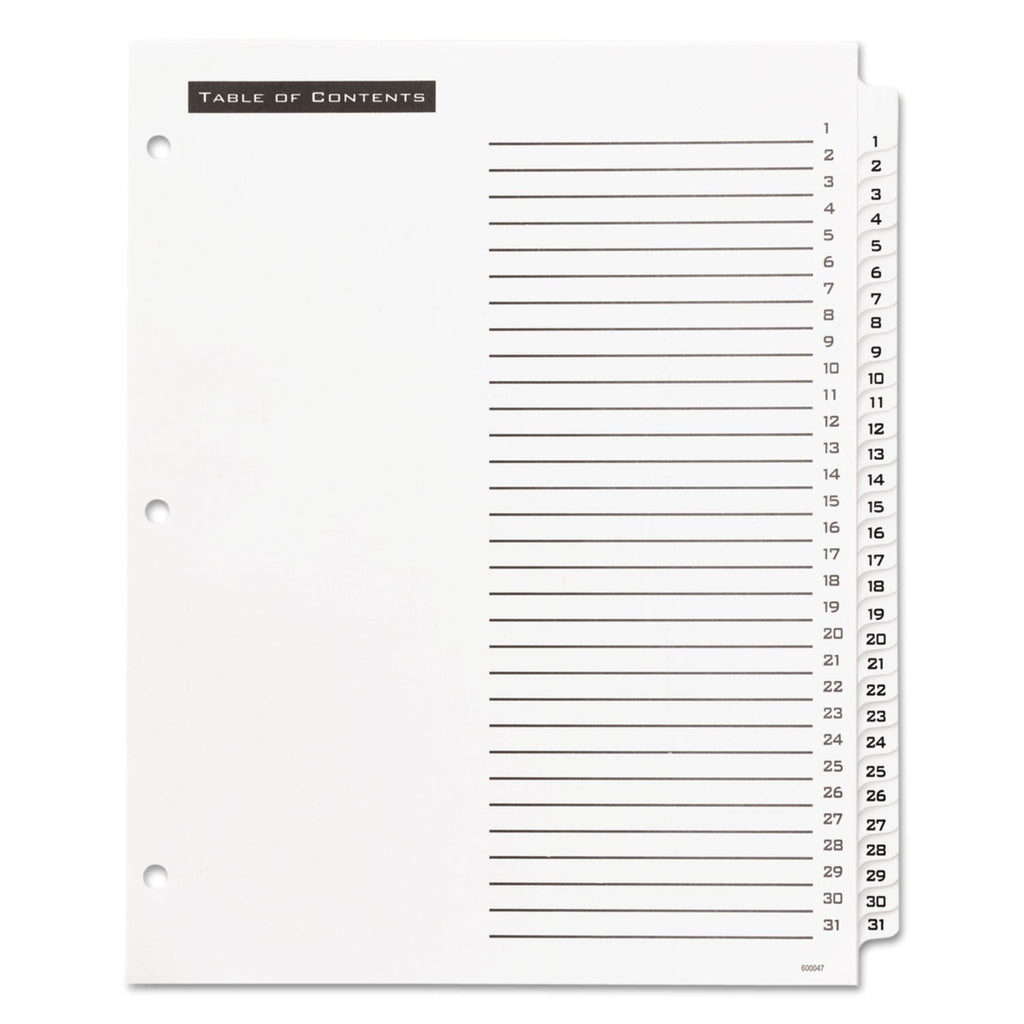 Office Essentials Table 'n Tabs Dividers, 31-Tab, 1 to 31, 11 x 8.5, White, White Tabs, 1 Set