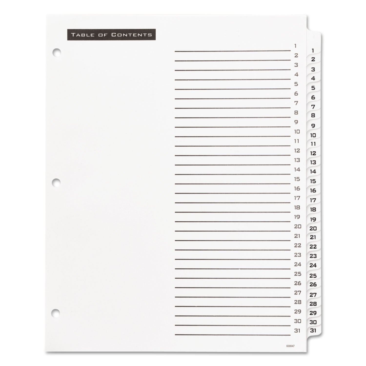 Office Essentials Table 'n Tabs Dividers, 31-Tab, 1 to 31, 11 x 8.5, White, White Tabs, 1 Set