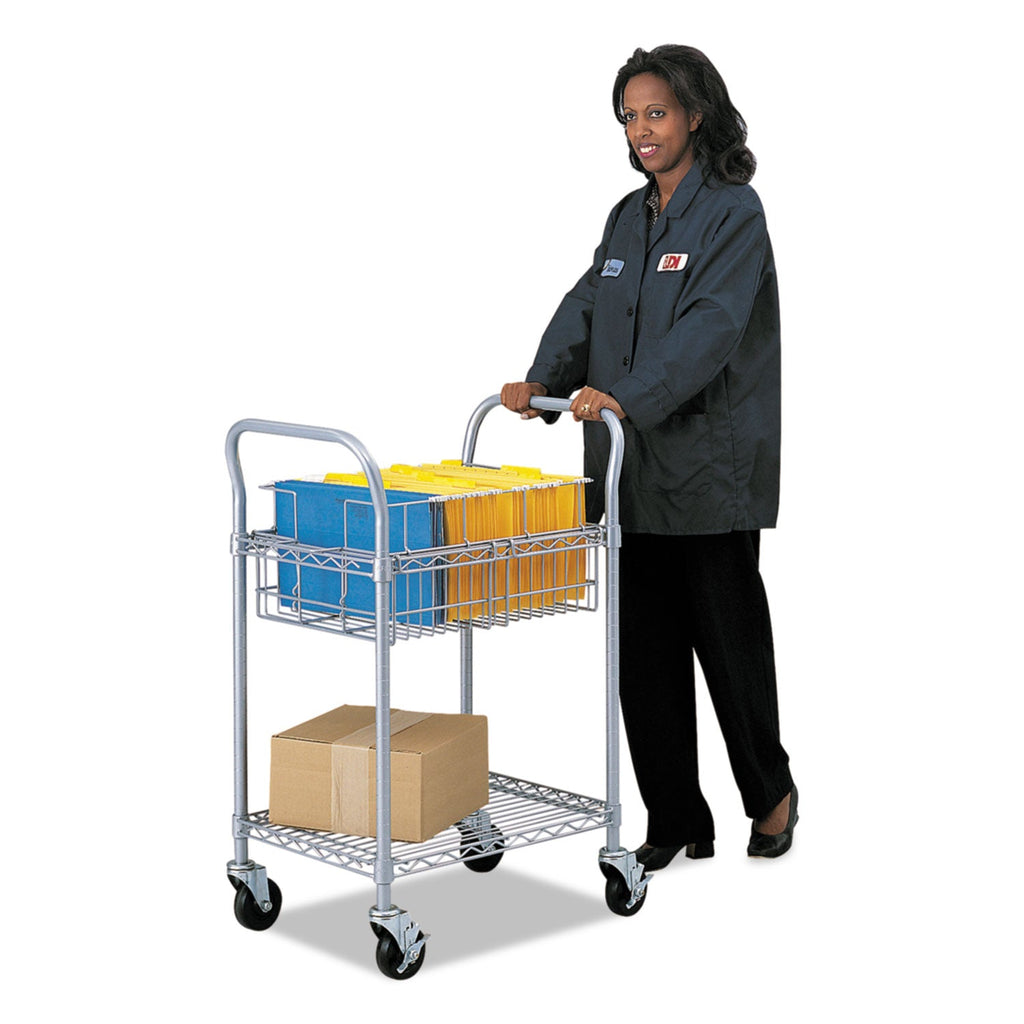 Safco Dual-Purpose Wire Mail and Filing Cart, Metal, 1 Shelf, 1 Bin, 26.75" x 18.75" x 38.5", Metallic Gray