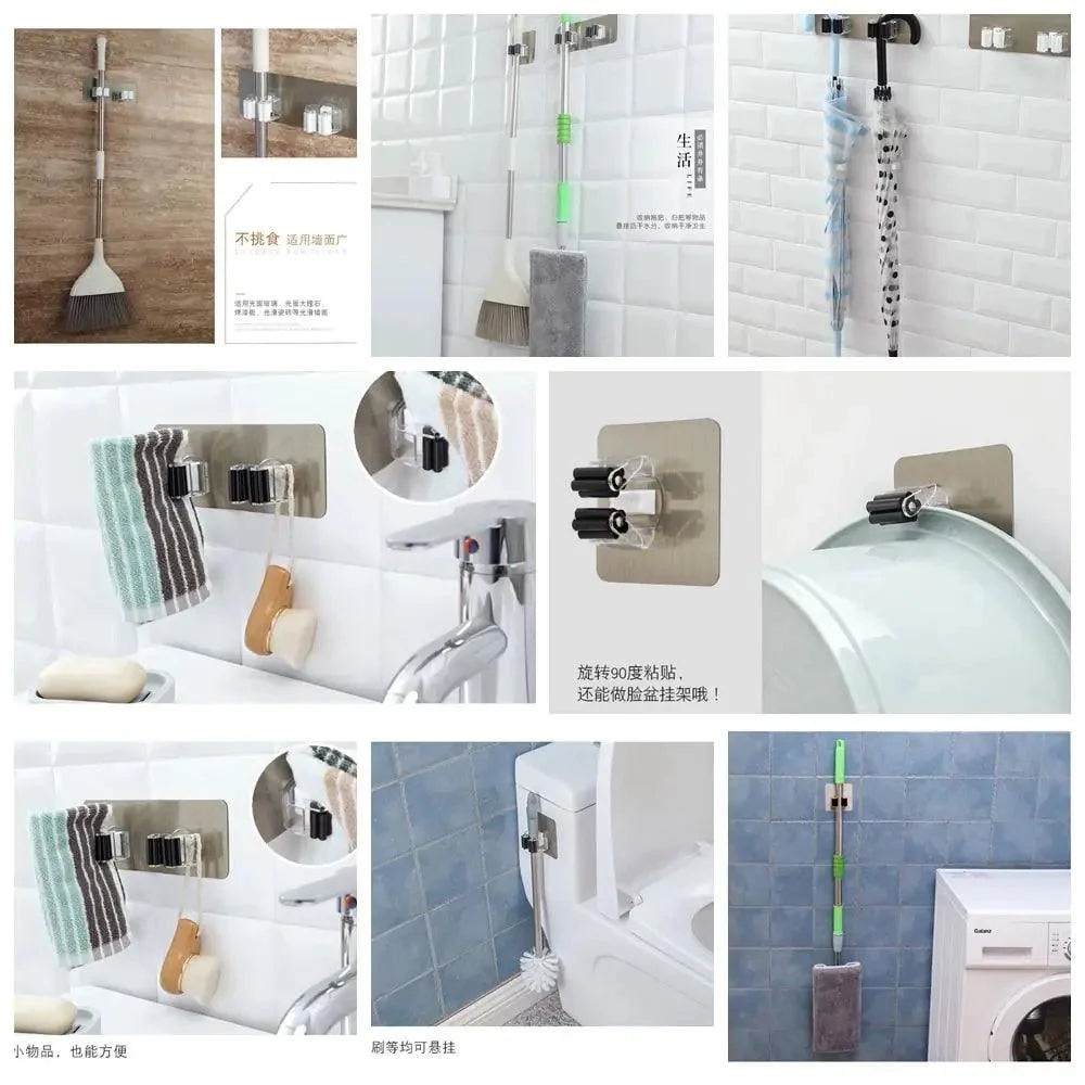 Adhesive Multi-Purpose Hooks Wall Mounted Mop Organizer Holder