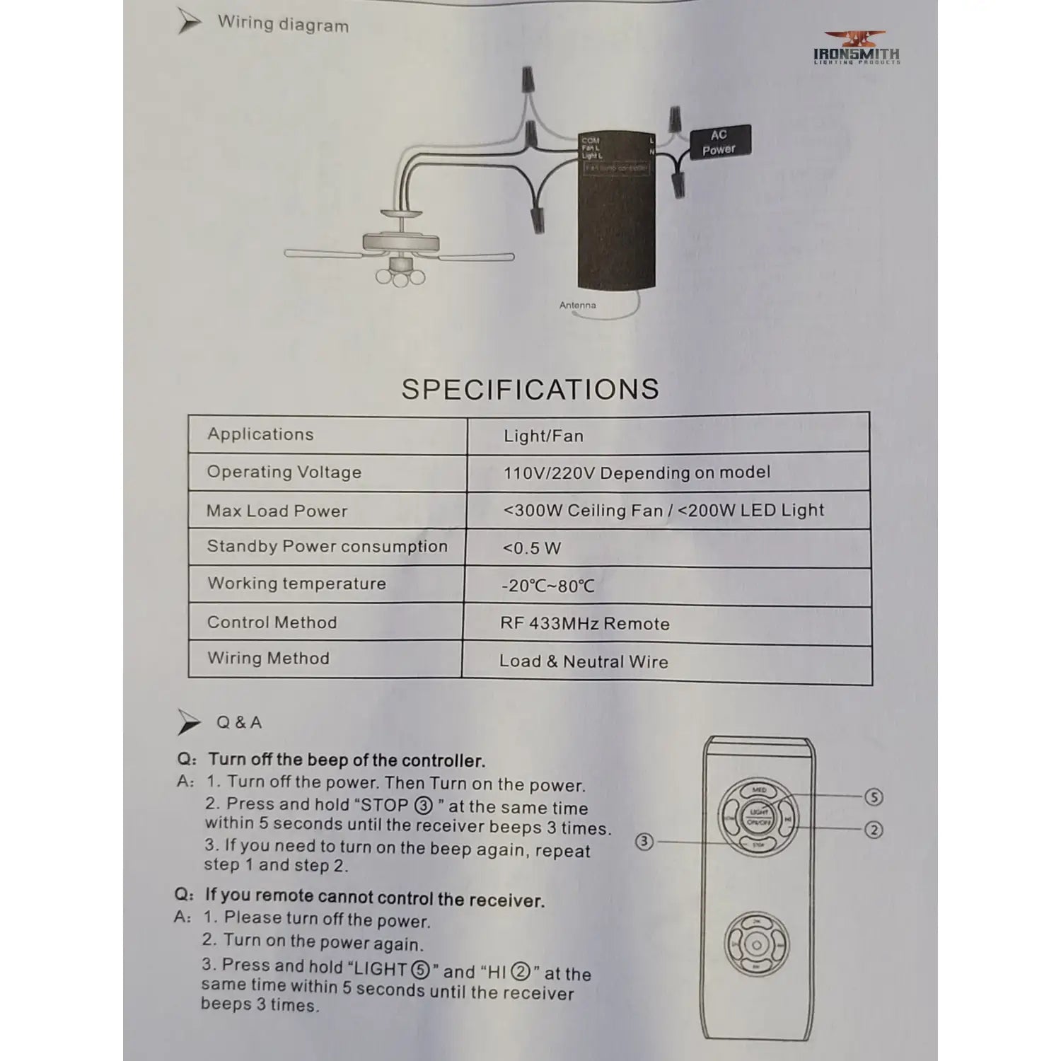 3-in-1 Remote Control for Ceiling Fan