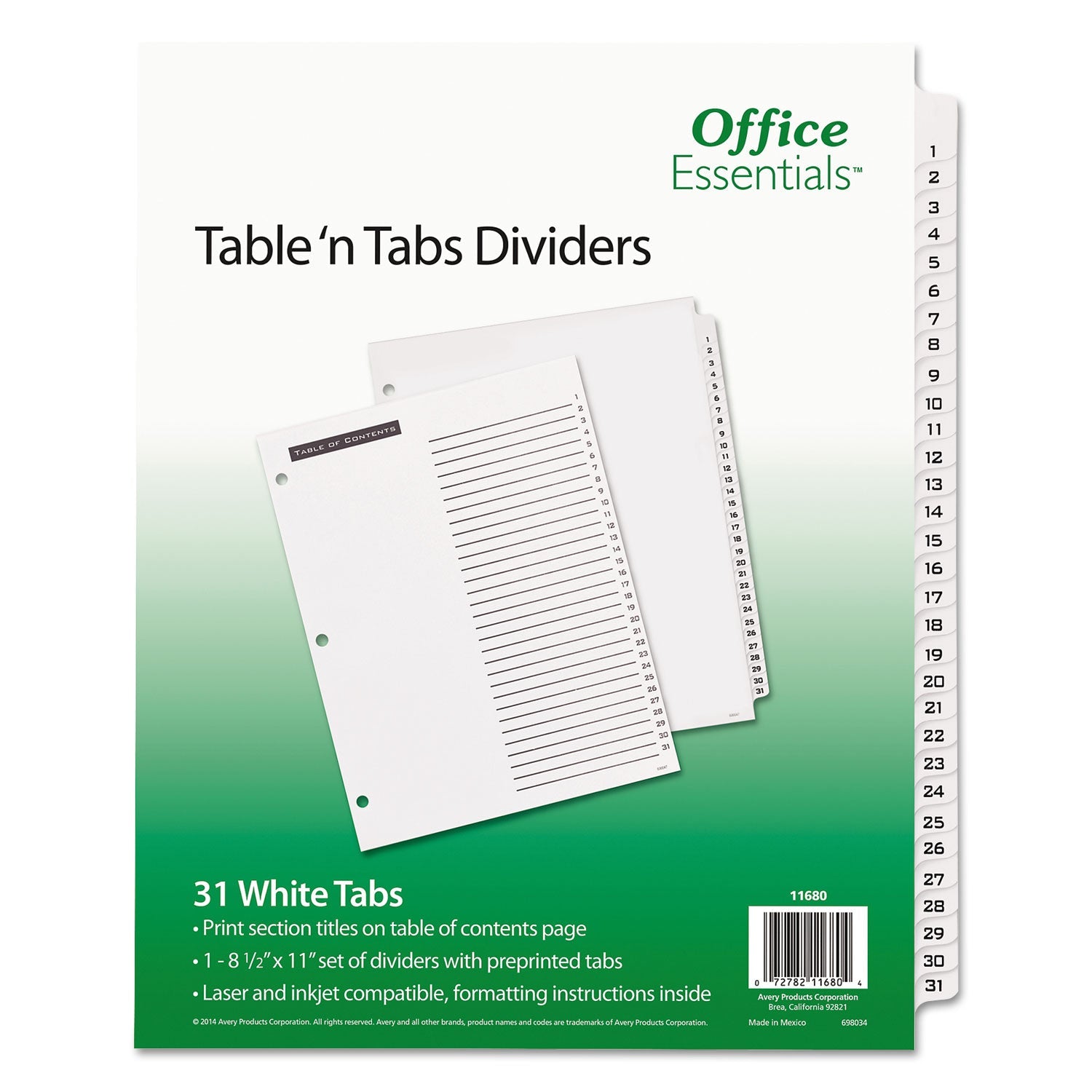 Office Essentials Table 'n Tabs Dividers, 31-Tab, 1 to 31, 11 x 8.5, White, White Tabs, 1 Set