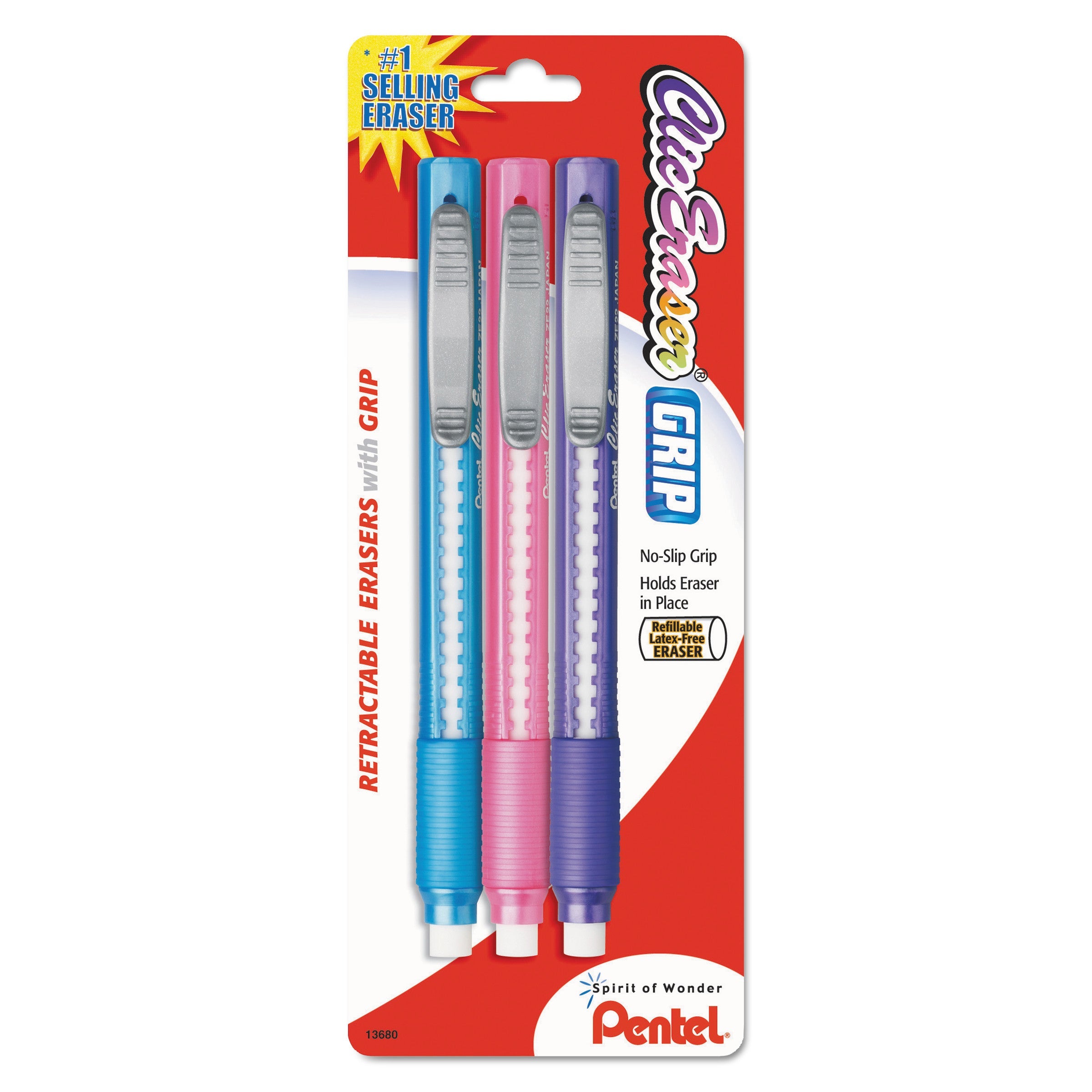 Pentel Clic Eraser Grip Eraser, For Pencil Marks, White Eraser, Randomly Assorted Barrel Colors (Three-Colors), 3/Pack