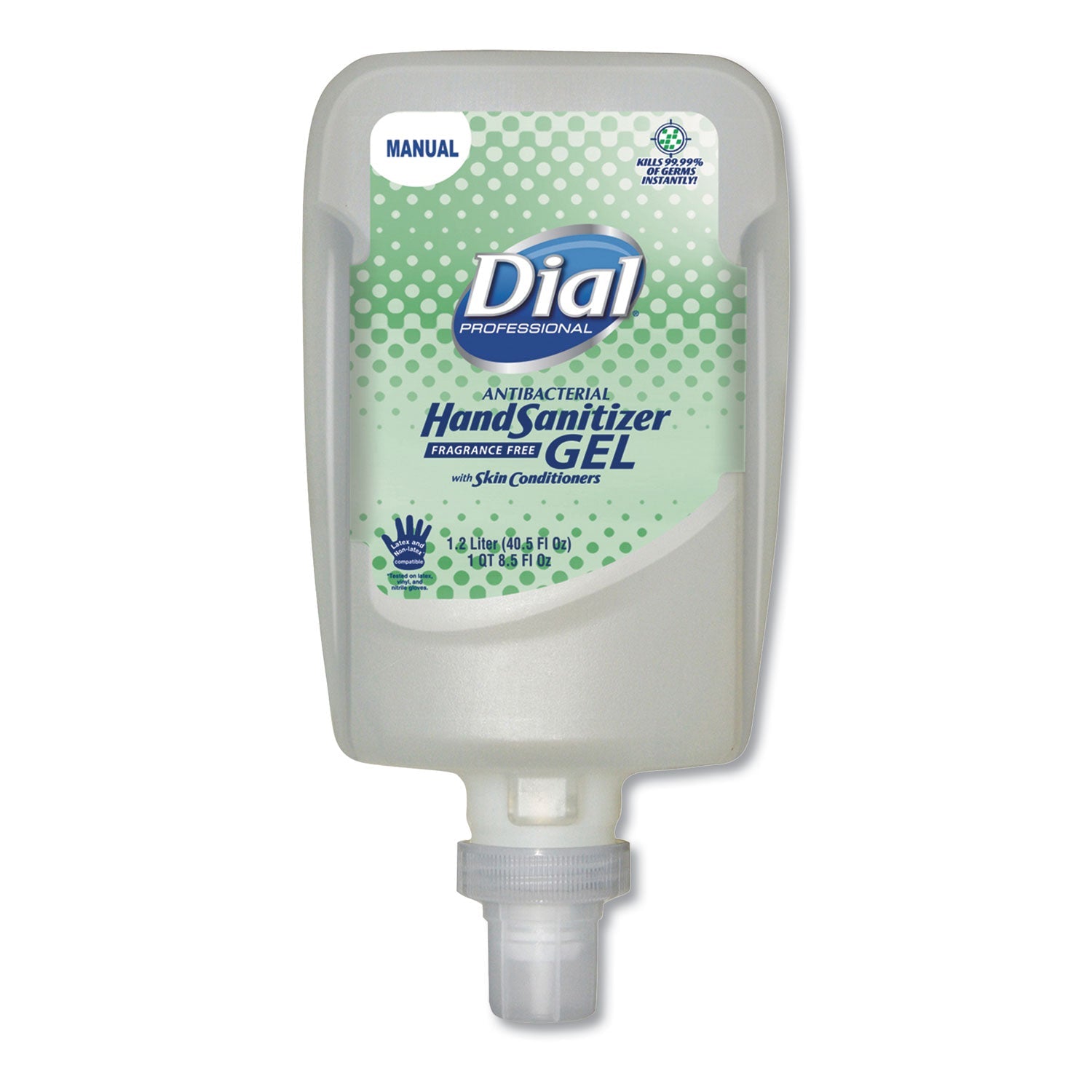 Dial Antibacterial Gel Hand Sanitizer Refill for FIT Manual Dispenser, 1.2 L, Fragrance-Free, 3/Carton