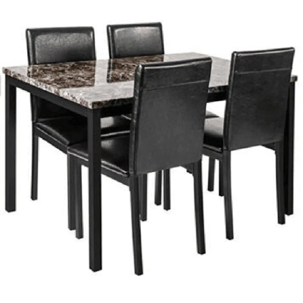 5-Piece Black Dining Table Set with Marble Style Top