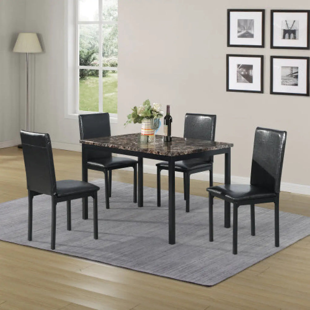 5-Piece Black Dining Table Set with Marble Style Top
