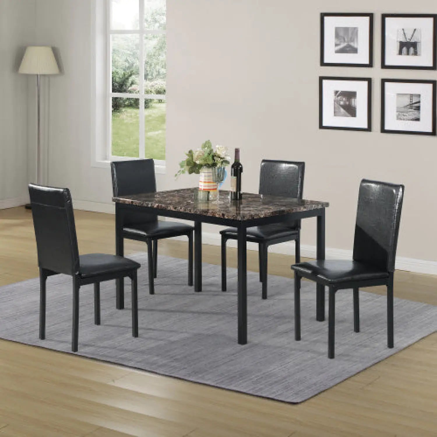 5-Piece Black Dining Table Set with Marble Style Top
