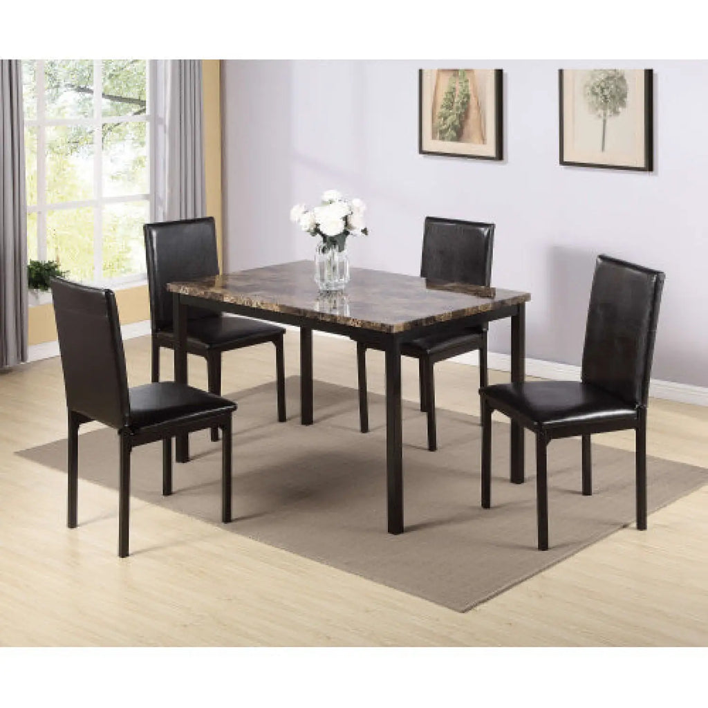 5-Piece Black Dining Table Set with Marble Style Top