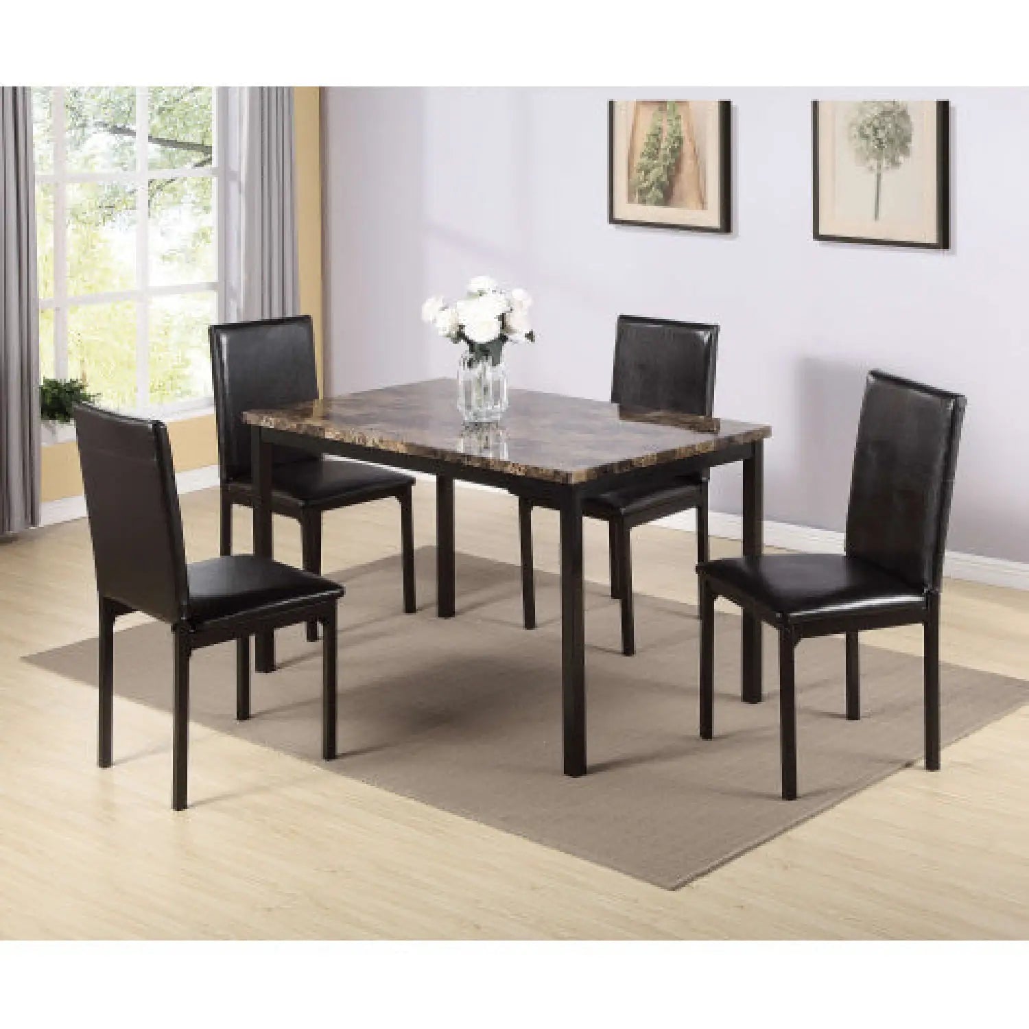 5-Piece Black Dining Table Set with Marble Style Top
