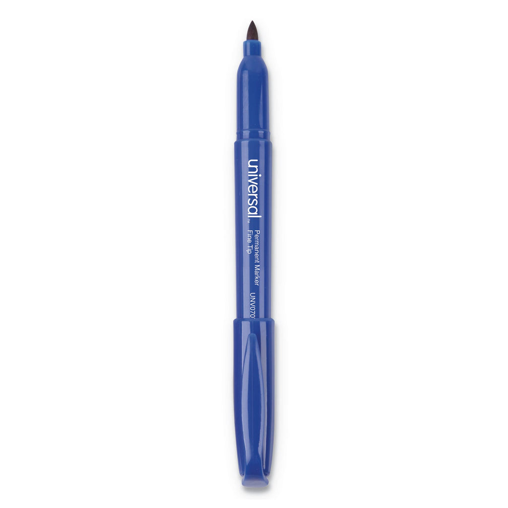 Universal Pen-Style Permanent Marker, Fine Bullet Tip, Blue, Dozen