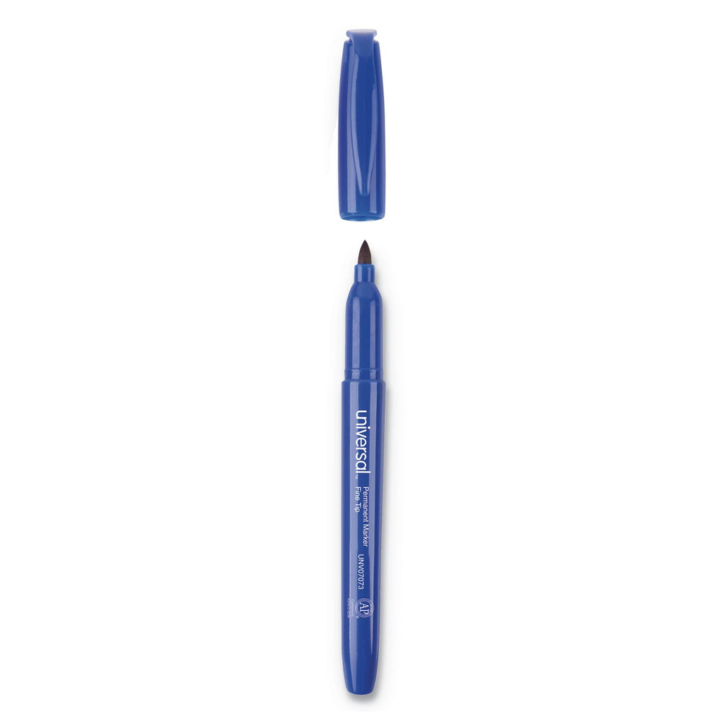 Universal Pen-Style Permanent Marker, Fine Bullet Tip, Blue, Dozen