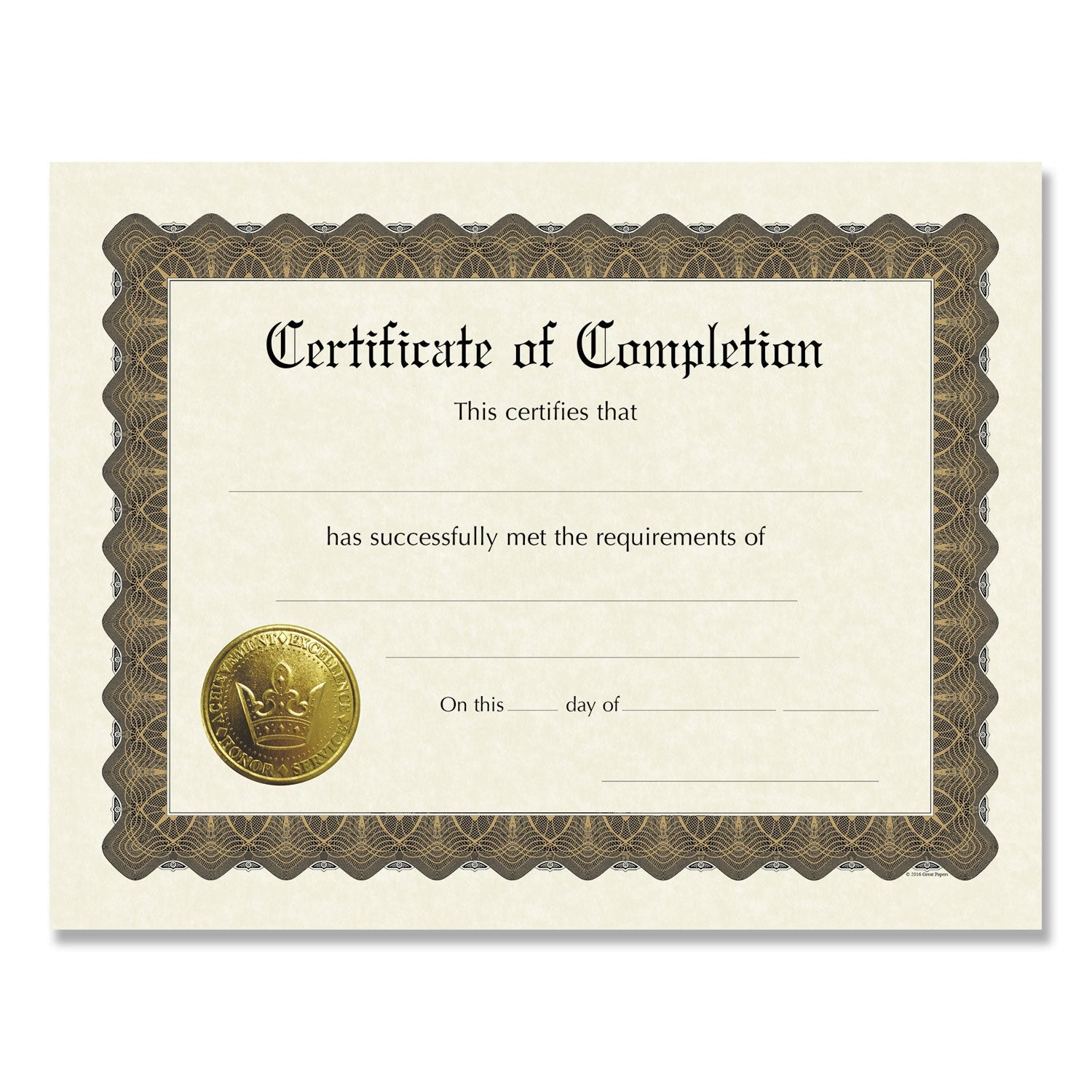 Great Papers! Ready-to-Use Certificates, Completion, 11 x 8.5, Ivory/Brown/Gold Colors with Brown Border, 6/Pack