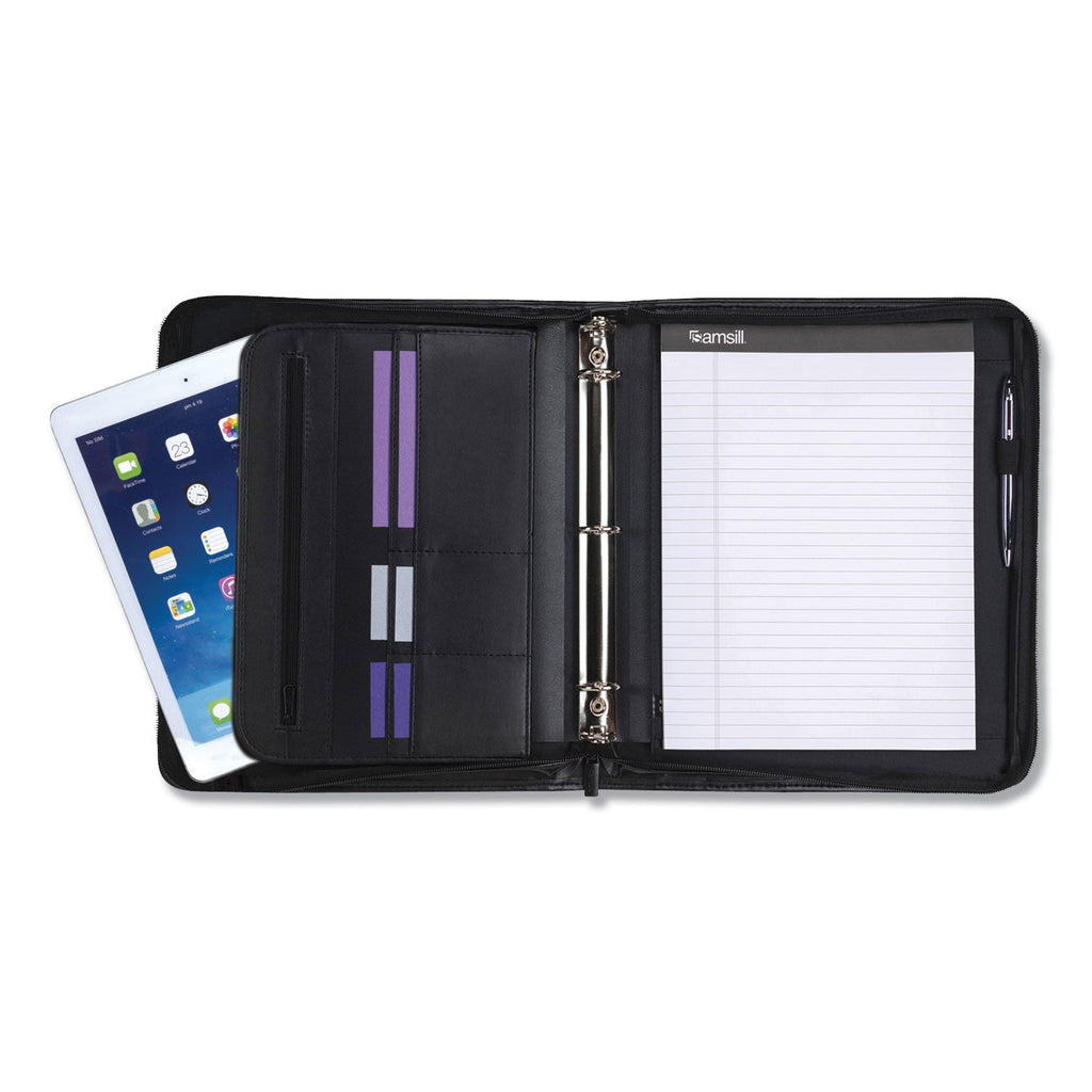 Samsill Professional Zippered Pad Holder/Ring Binder, Pockets, Writing Pad, Vinyl Black