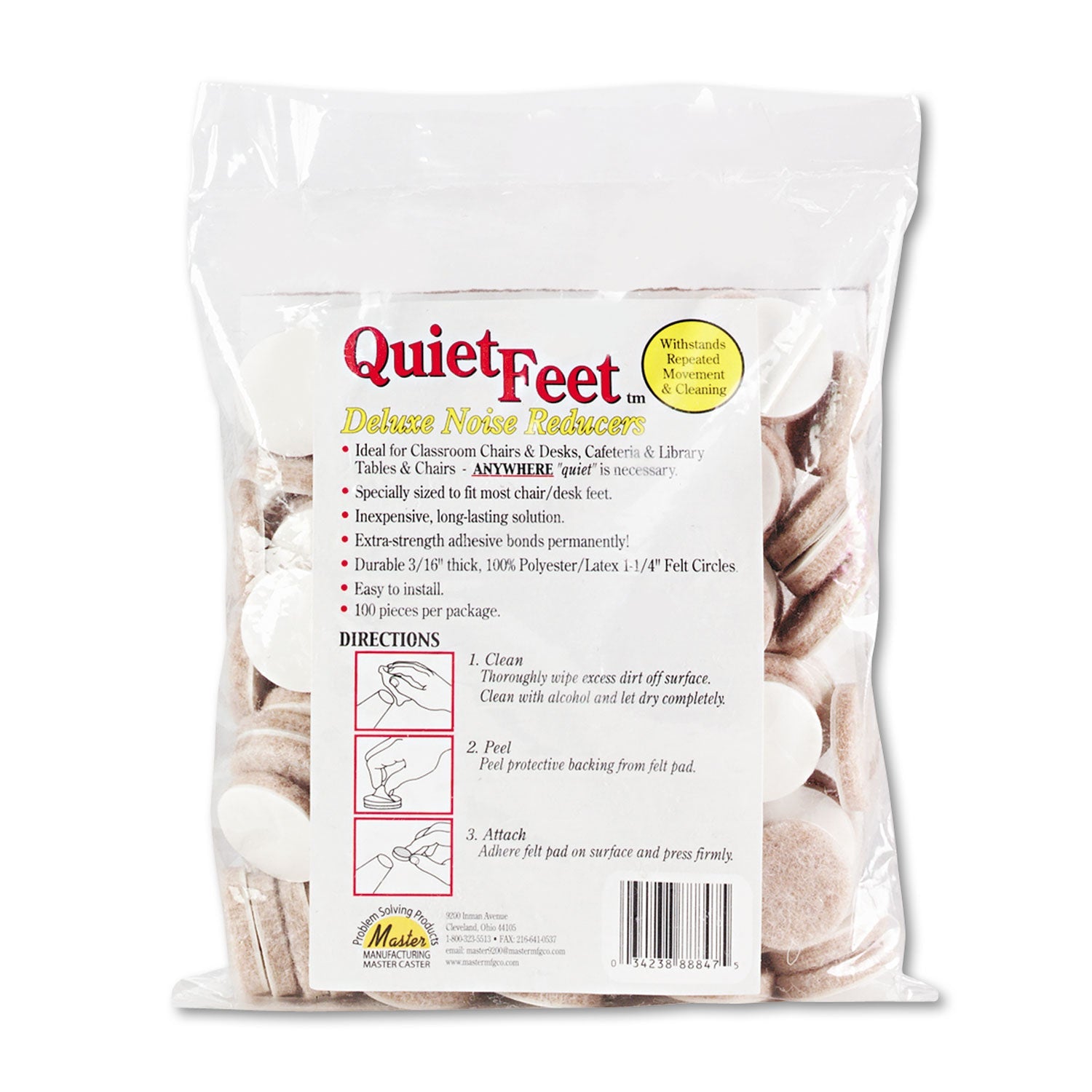 Master Caster Quiet Feet Deluxe Noise Reducers, 1.25" dia, Circular, Beige, 100/Pack