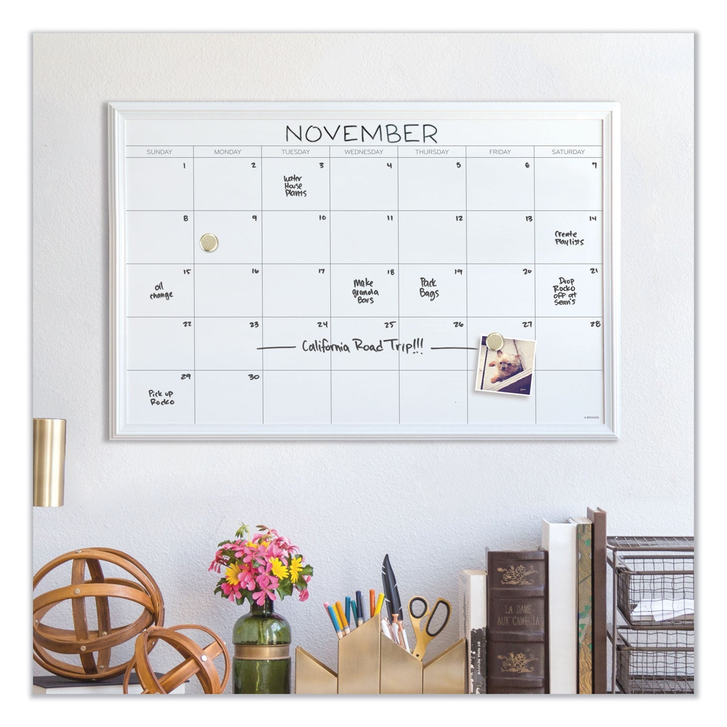 U Brands Magnetic Dry Erase Calendar with Decor Frame, 30 x 20, White Surface and Frame