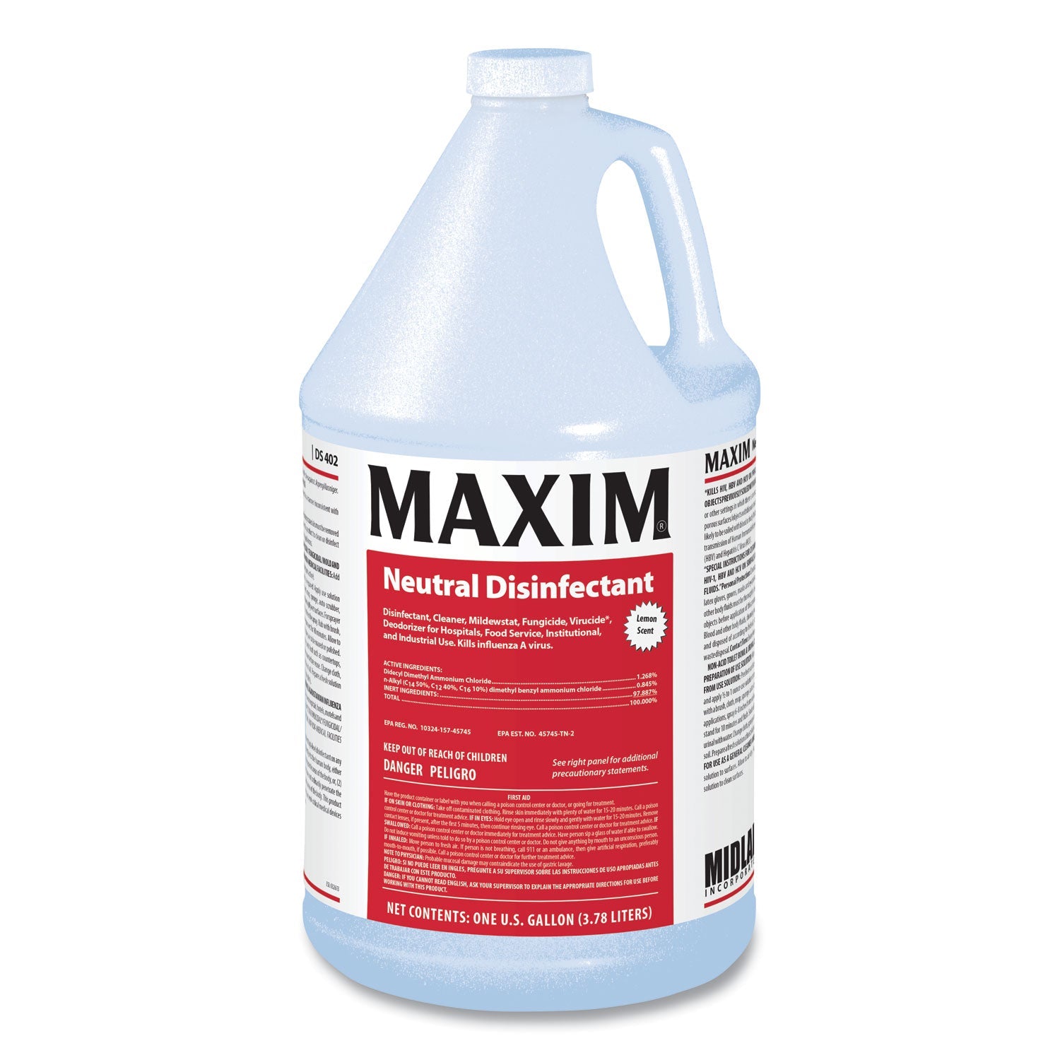 Maxim Neutral Disinfectant, Lemon Scent, 1 gal Bottle, 4/Carton
