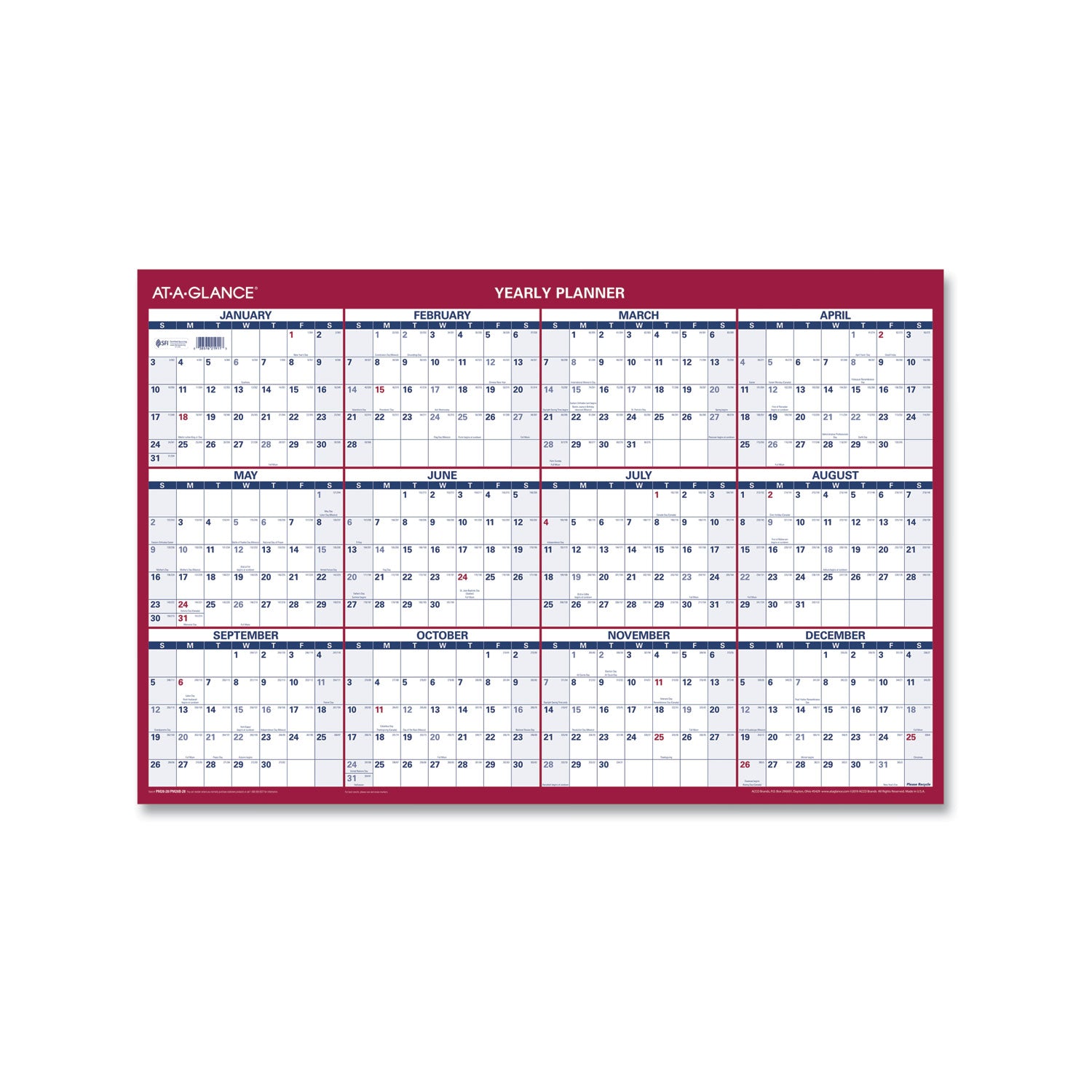 AT-A-GLANCE Erasable Vertical/Horizontal Wall Planner, 24 x 36, White/Blue/Red Sheets, 12-Month (Jan to Dec): 2023
