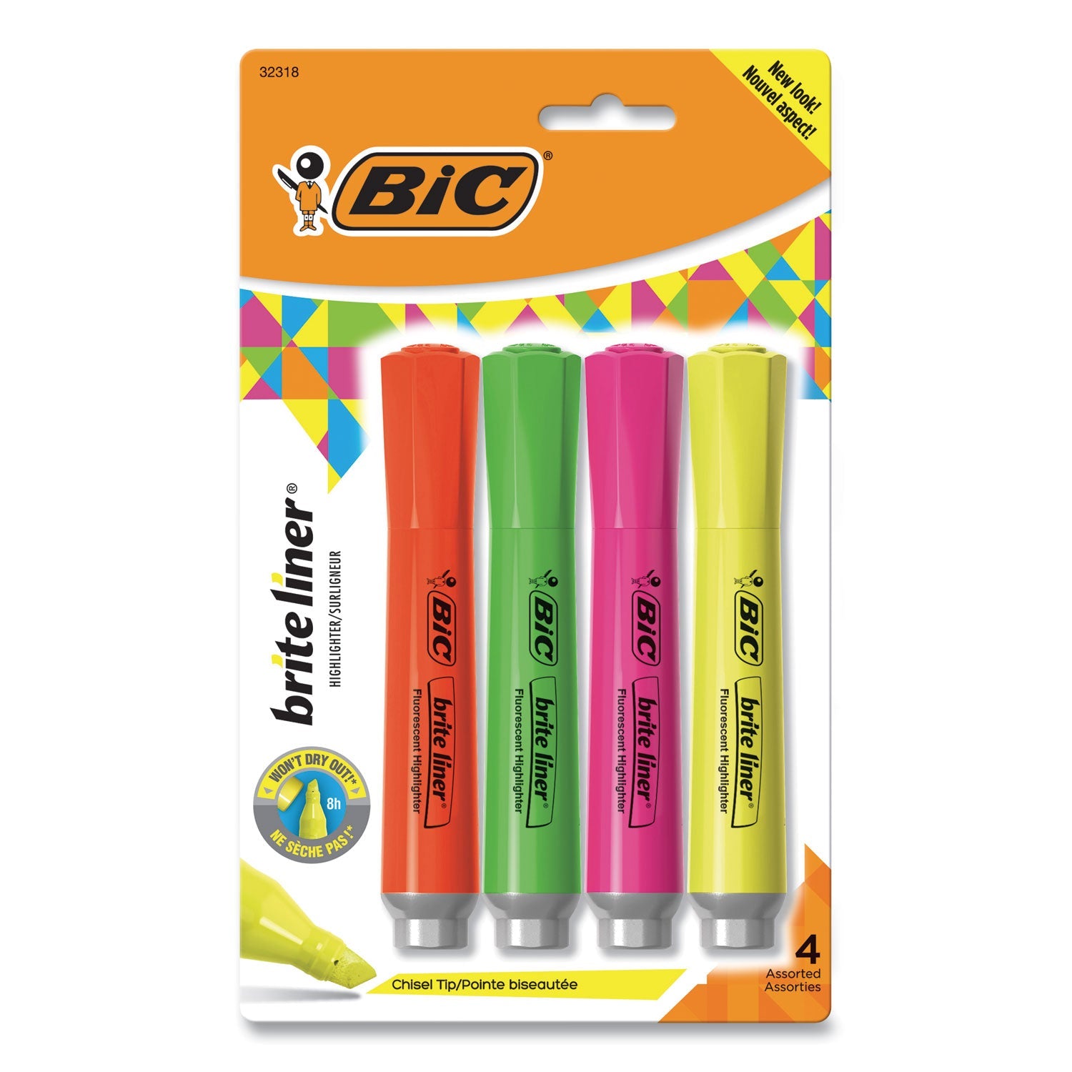 BIC Brite Liner Tank-Style Highlighter, Assorted Ink Colors, Chisel Tip, Assorted Barrel Colors, 4/Set