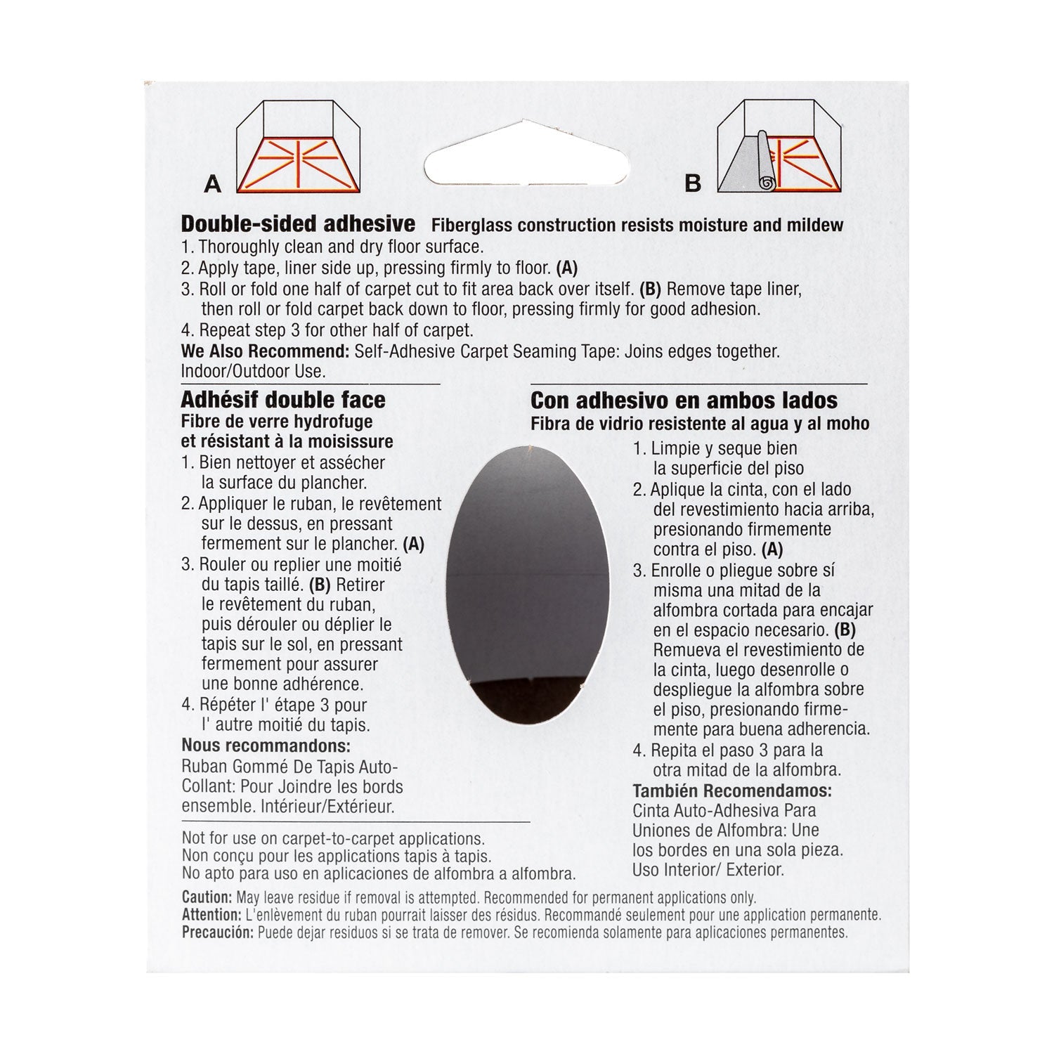 Duck Carpet Tape, 3" Core, 1.88" x 75 ft, White